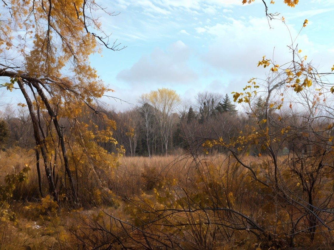 Serene Autumn Landscape with Golden Leaves and Trees