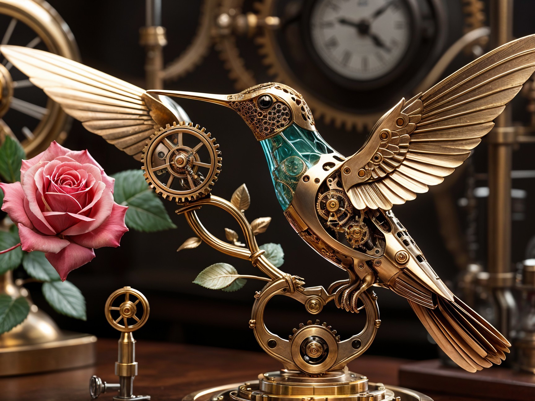 Steampunk Hummingbird Sculpture with Floral Accents