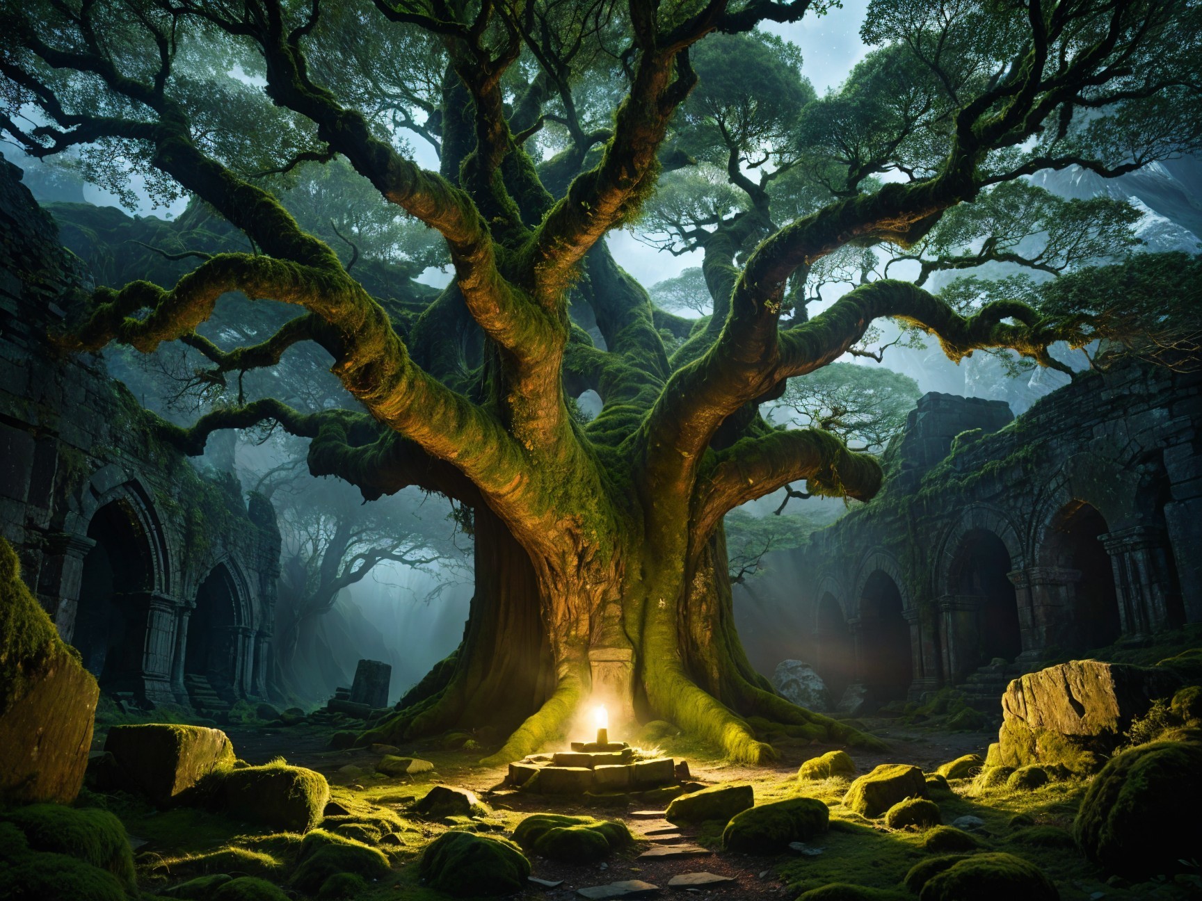 Ancient Tree and Mystical Ruins with Ethereal Glow