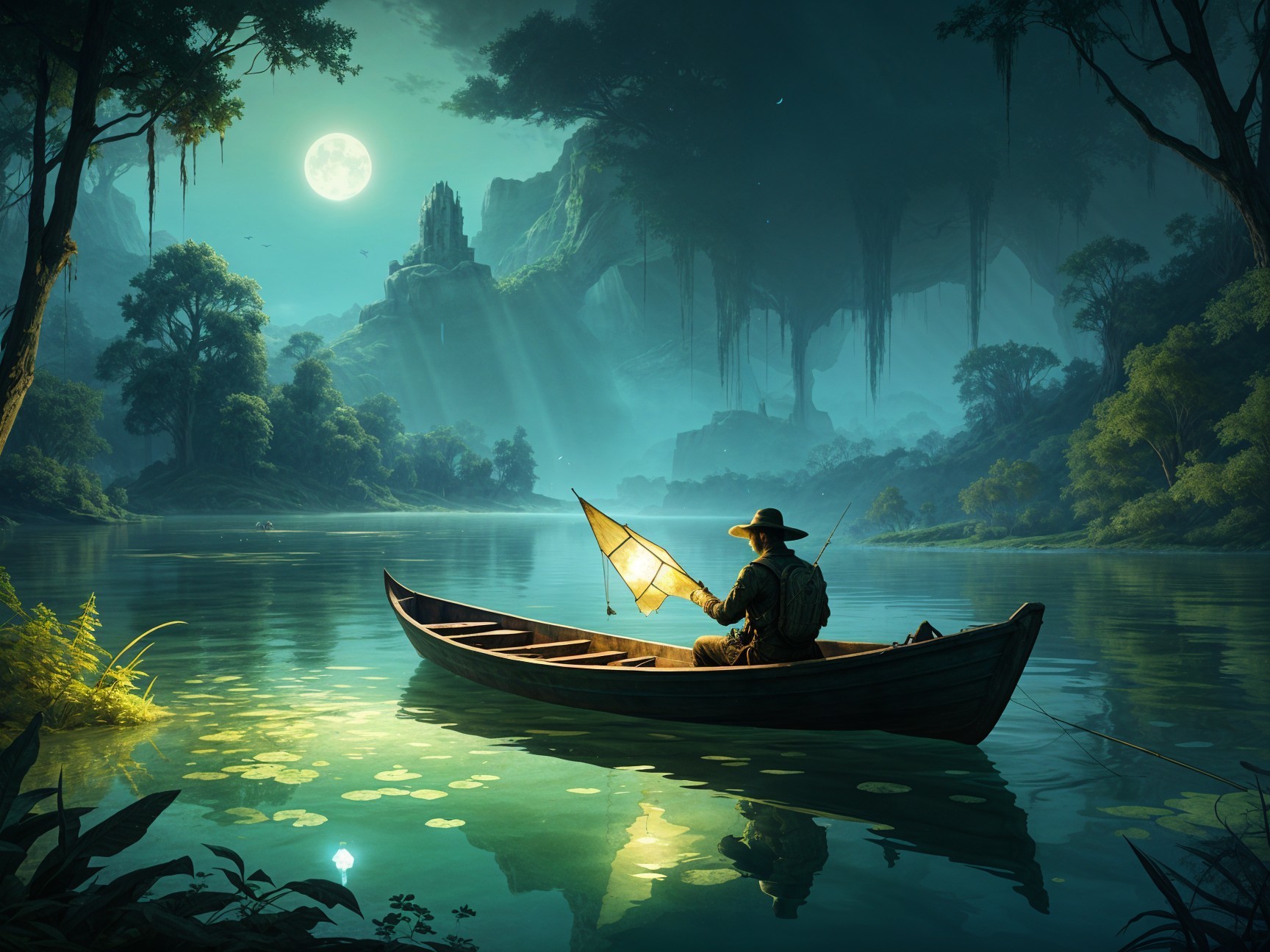 Lone Figure in Boat on Tranquil Moonlit Lake