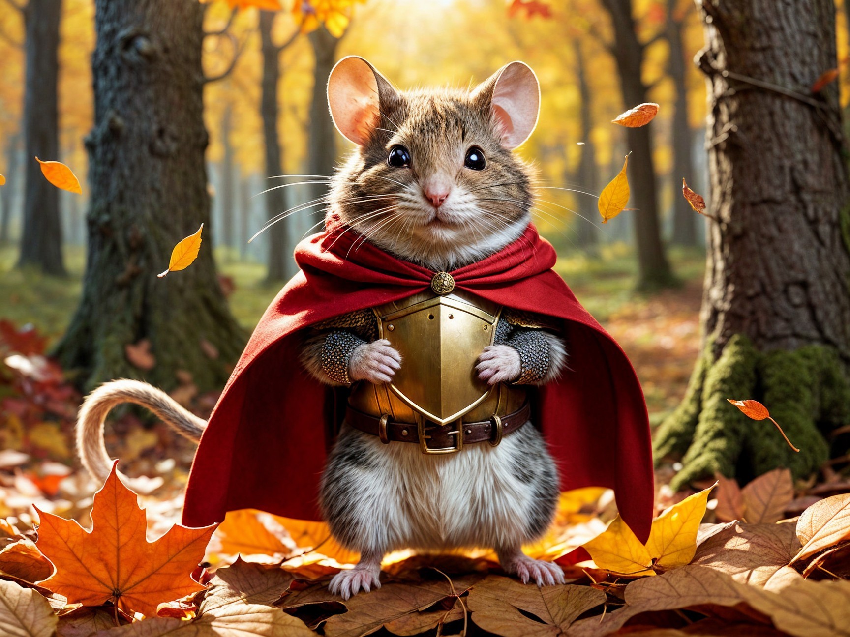 Brave Mouse in Red Cape in Autumn Forest Setting