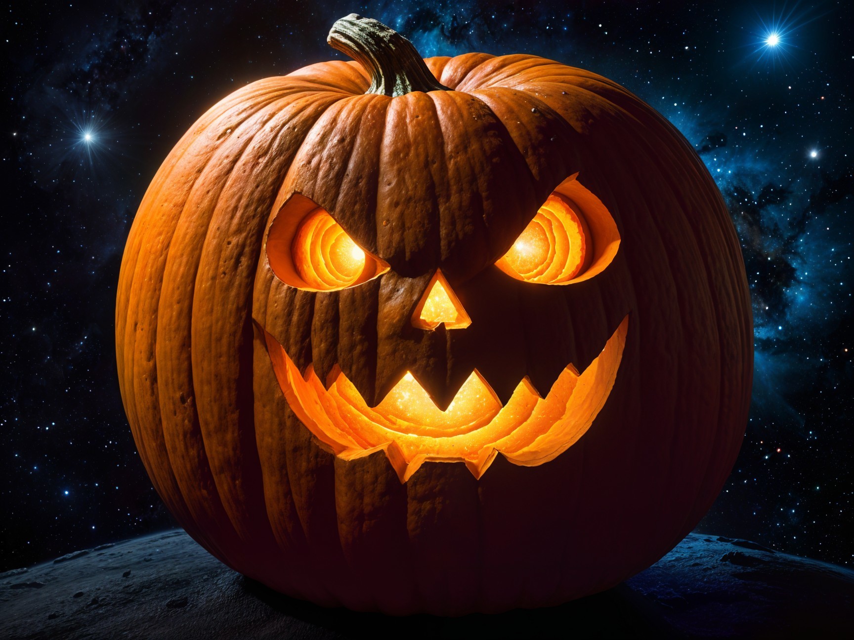 Glowing Carved Pumpkin Against Starry Space Background