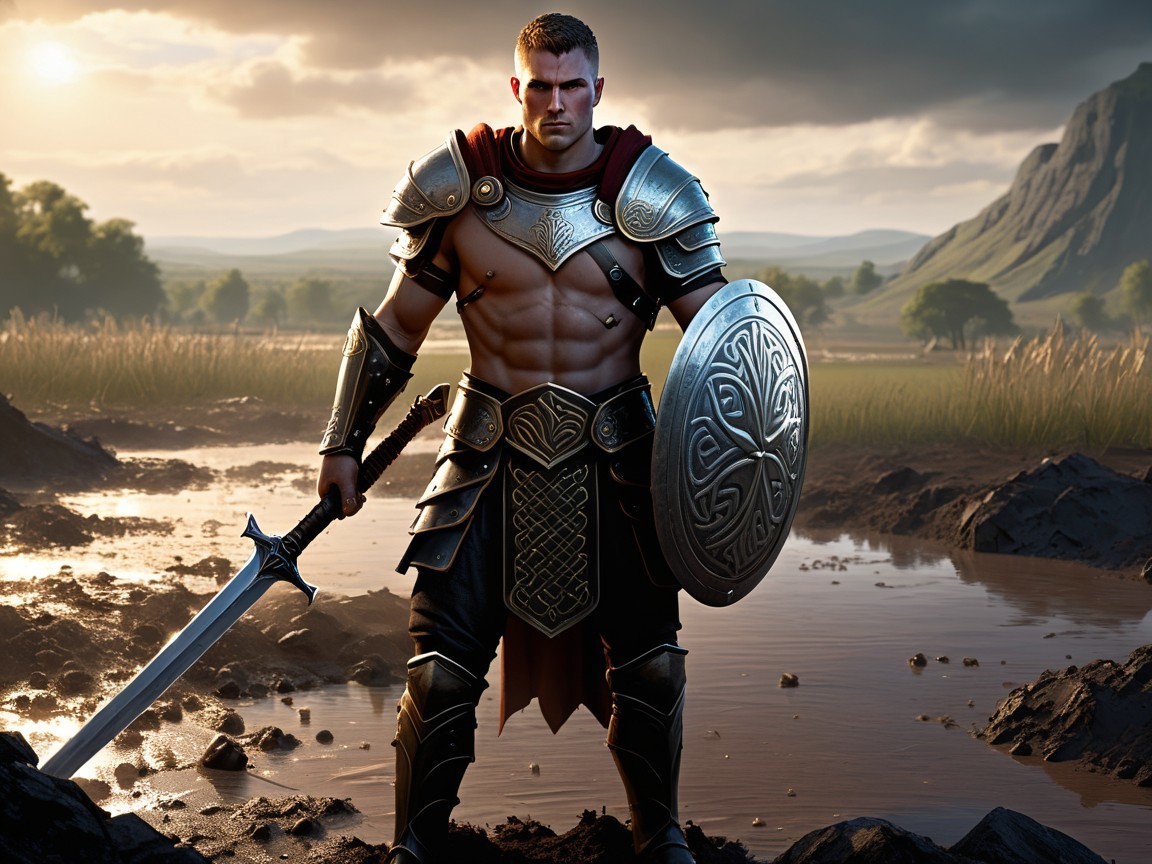 Muscular Warrior in Celtic Armor in Rugged Landscape