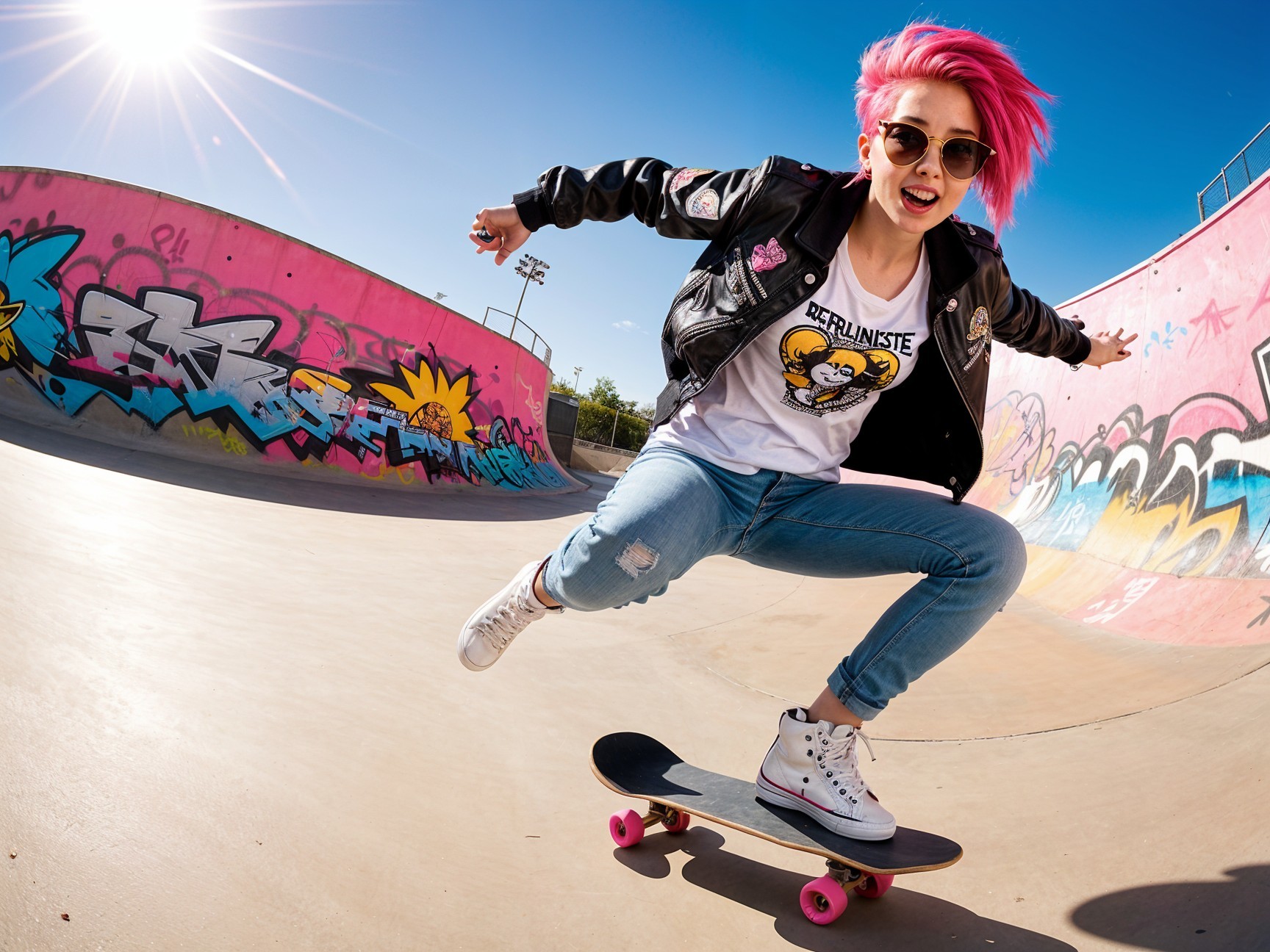 Young Woman with Pink Hair Skateboarding in Colorful Park