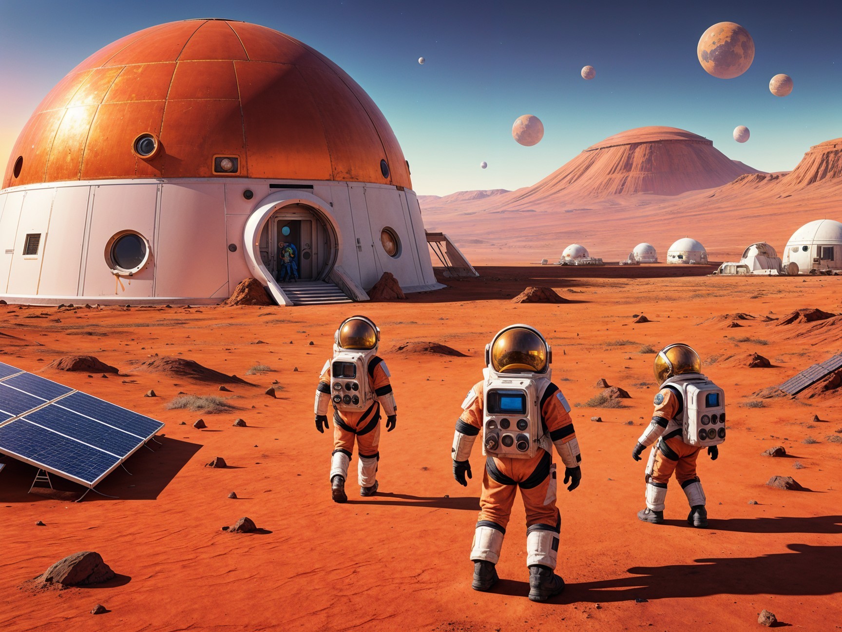 Astronauts Exploring a Martian Colony Landscape