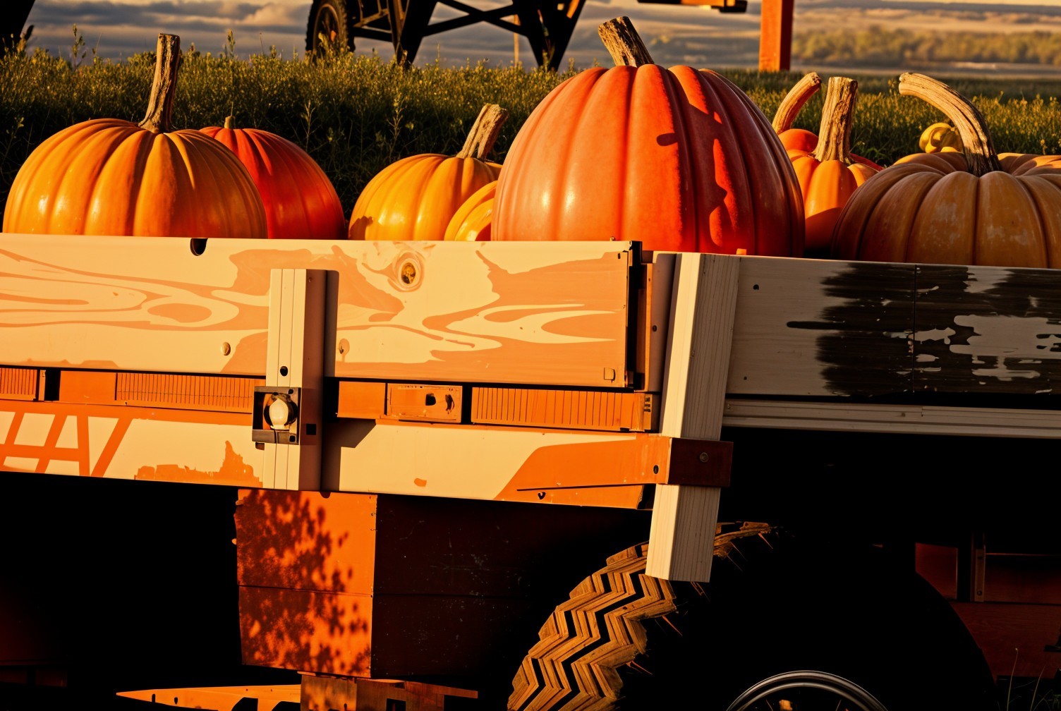 Assortment of Pumpkins on Rustic Wooden Trailer