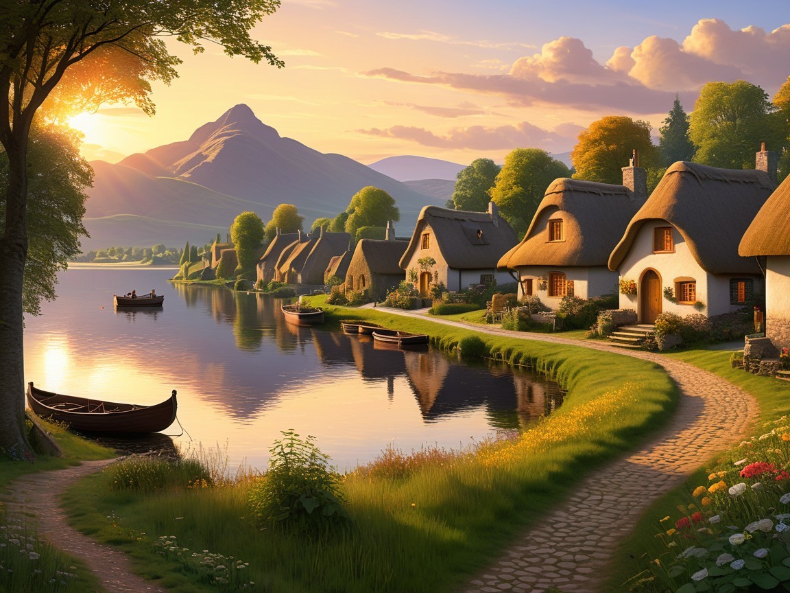 Picturesque Village at Sunset with Thatched Cottages