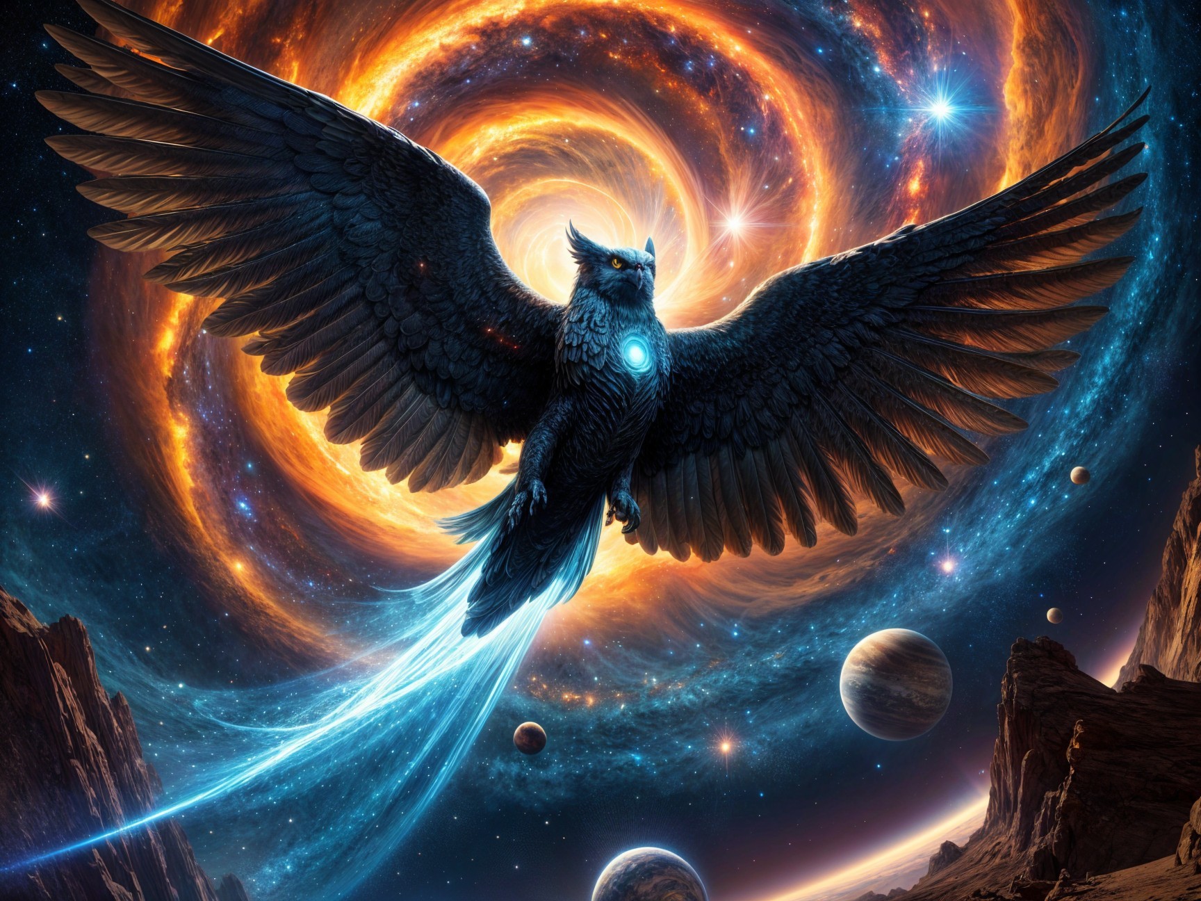 Black Eagle in Cosmic Scene with Blue Accents