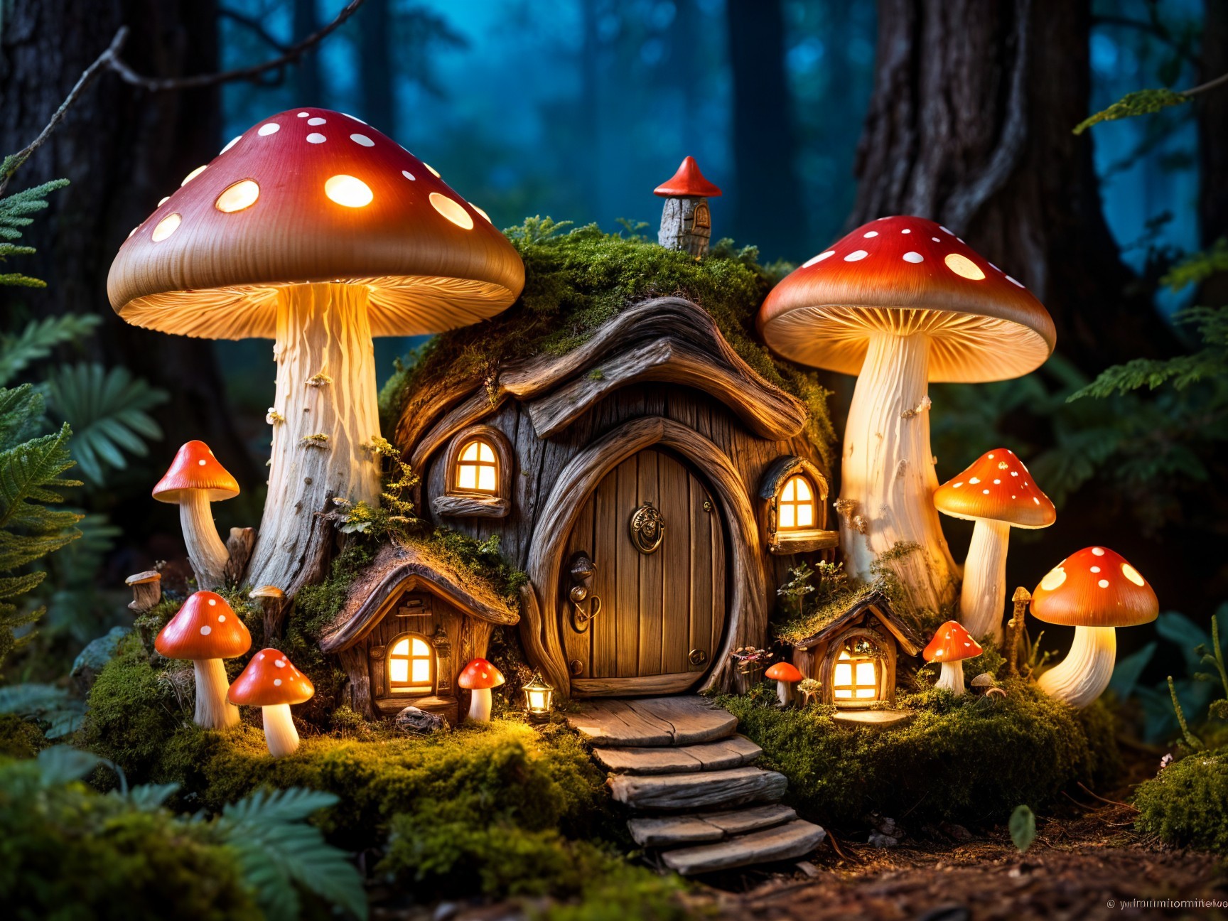 Whimsical Mushroom House Surrounded by Forest Elements
