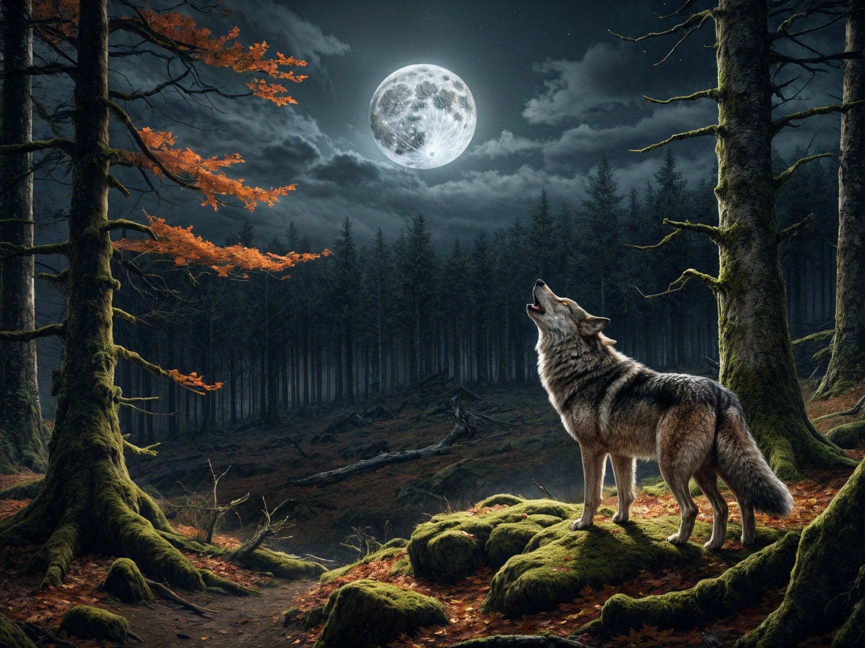 Lone Wolf Howling Under Full Moon in Forest Setting