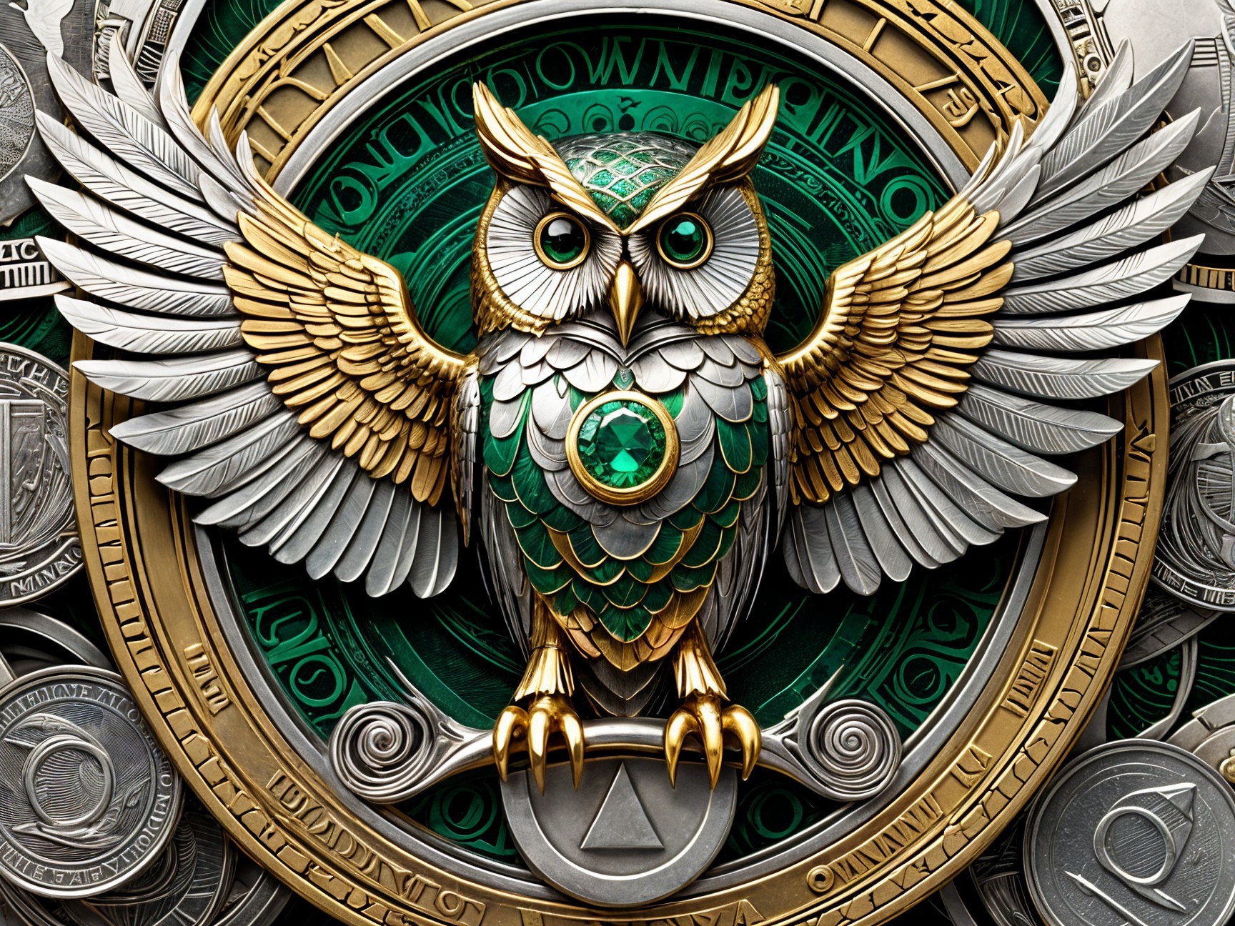 Majestic owl with gold and silver wings and gem