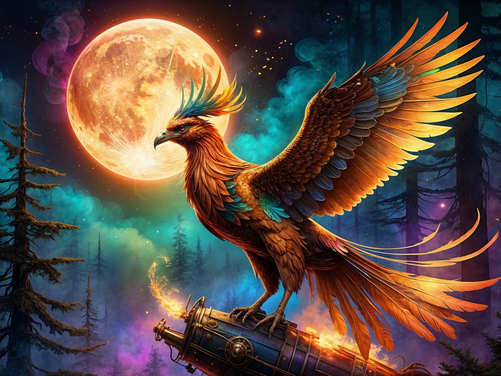 Majestic phoenix atop ornate cannon under full moon