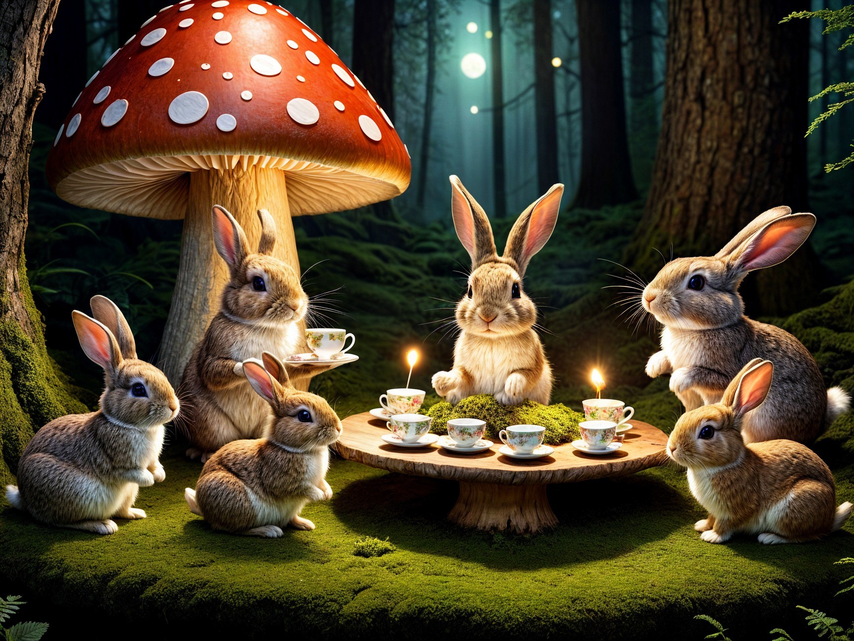 Whimsical Forest Tea Party with Rabbits and Mushrooms