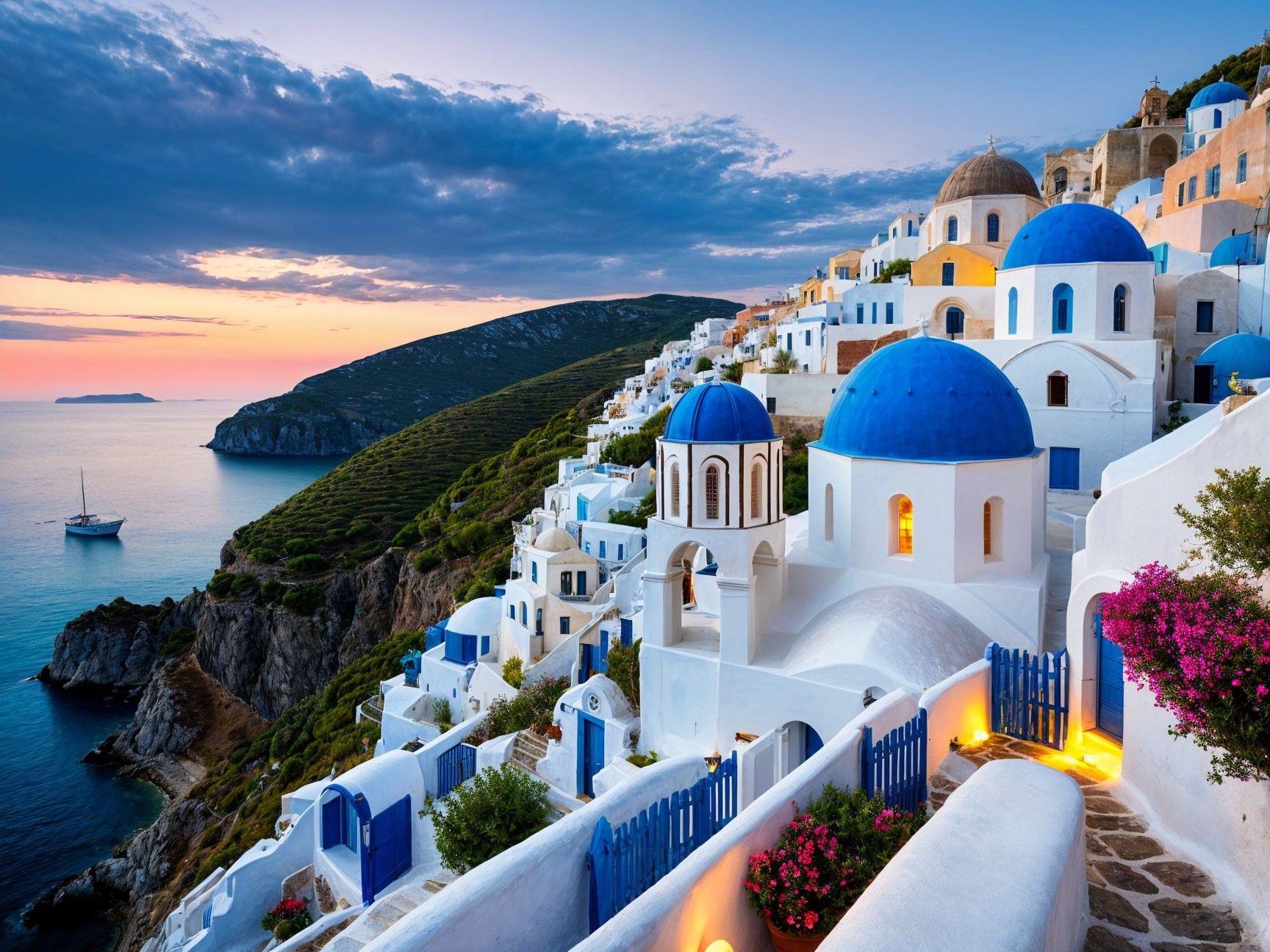 Santorini Sunset with Whitewashed Buildings and Sea View