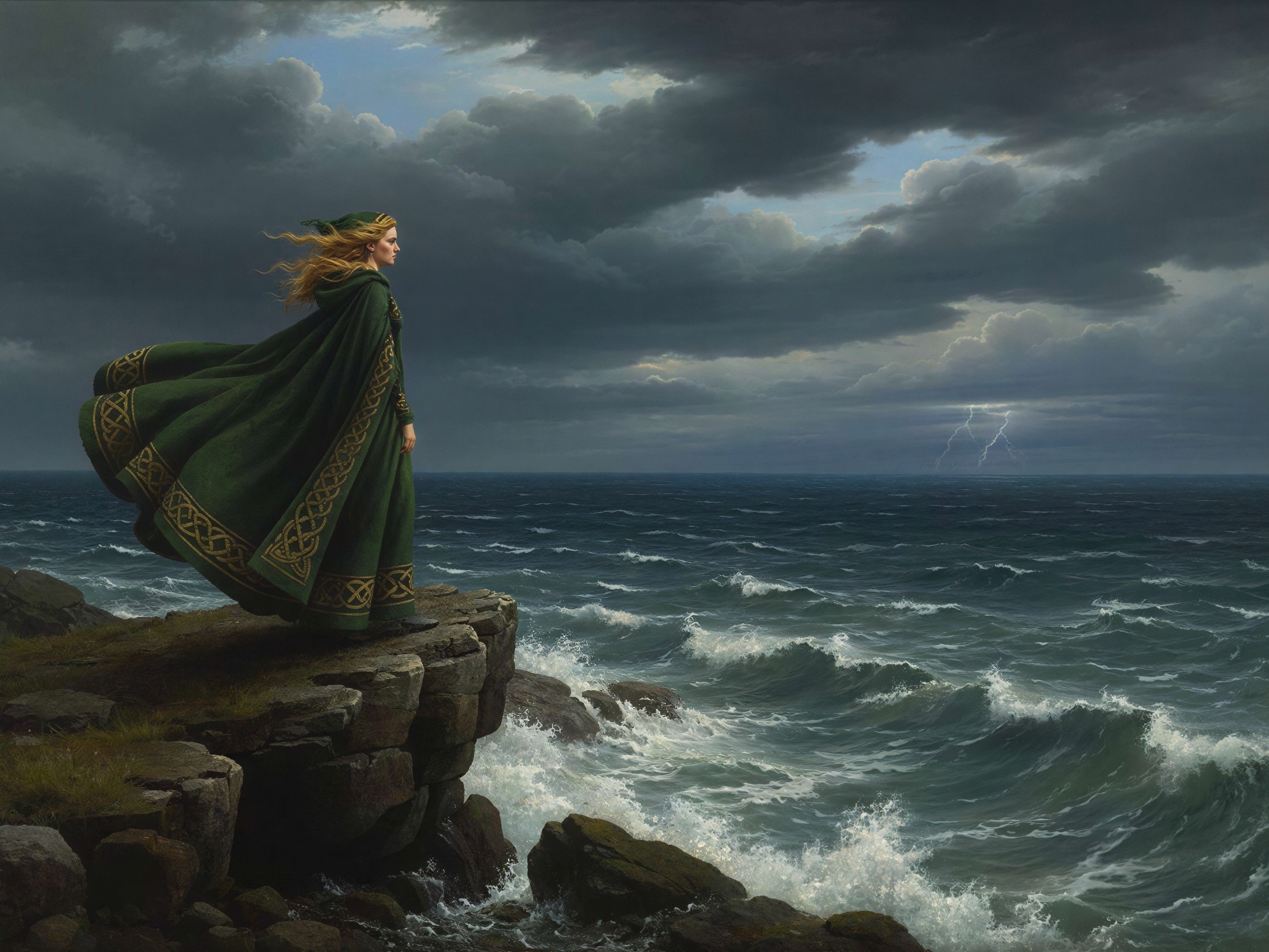 Young Woman in Green Cloak on Rocky Cliff by Sea