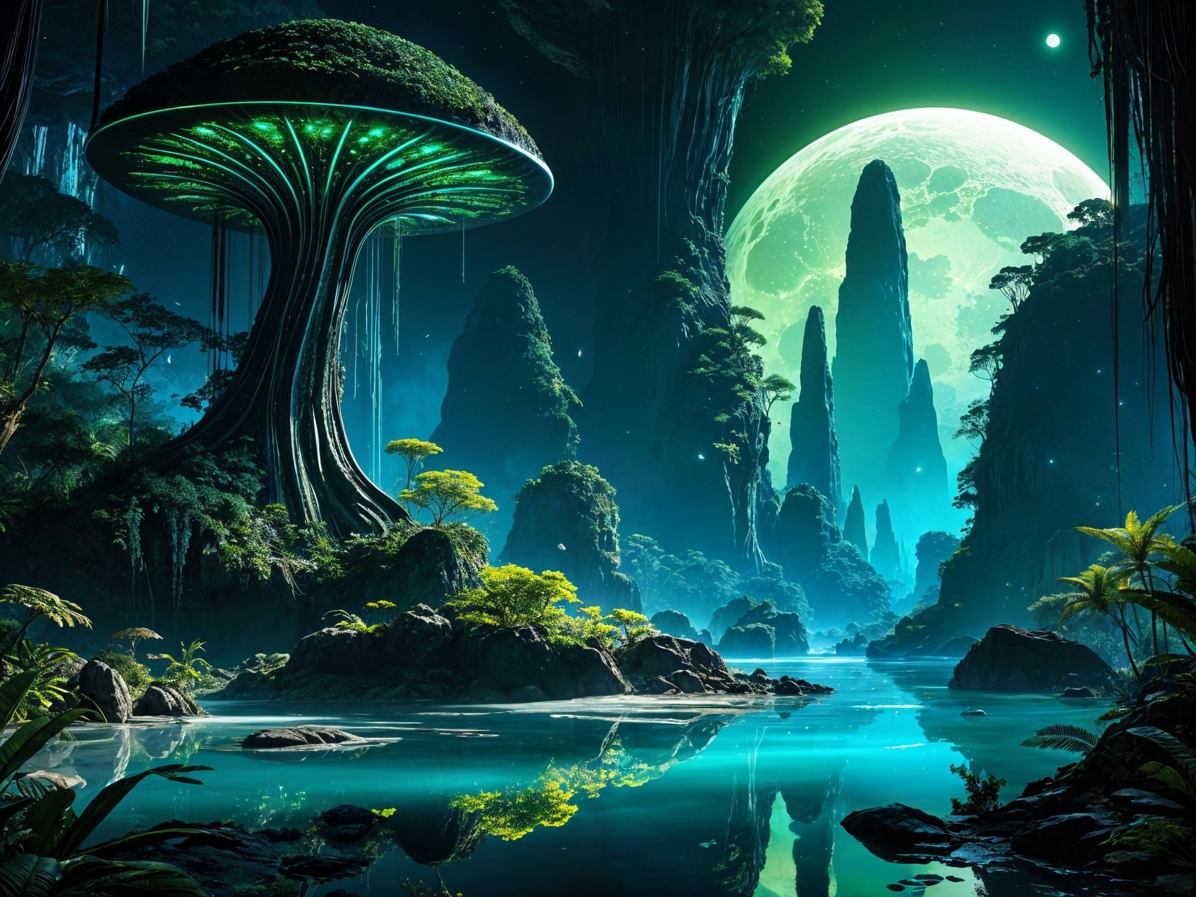 Surreal Landscape with Luminescent Tree and Moon