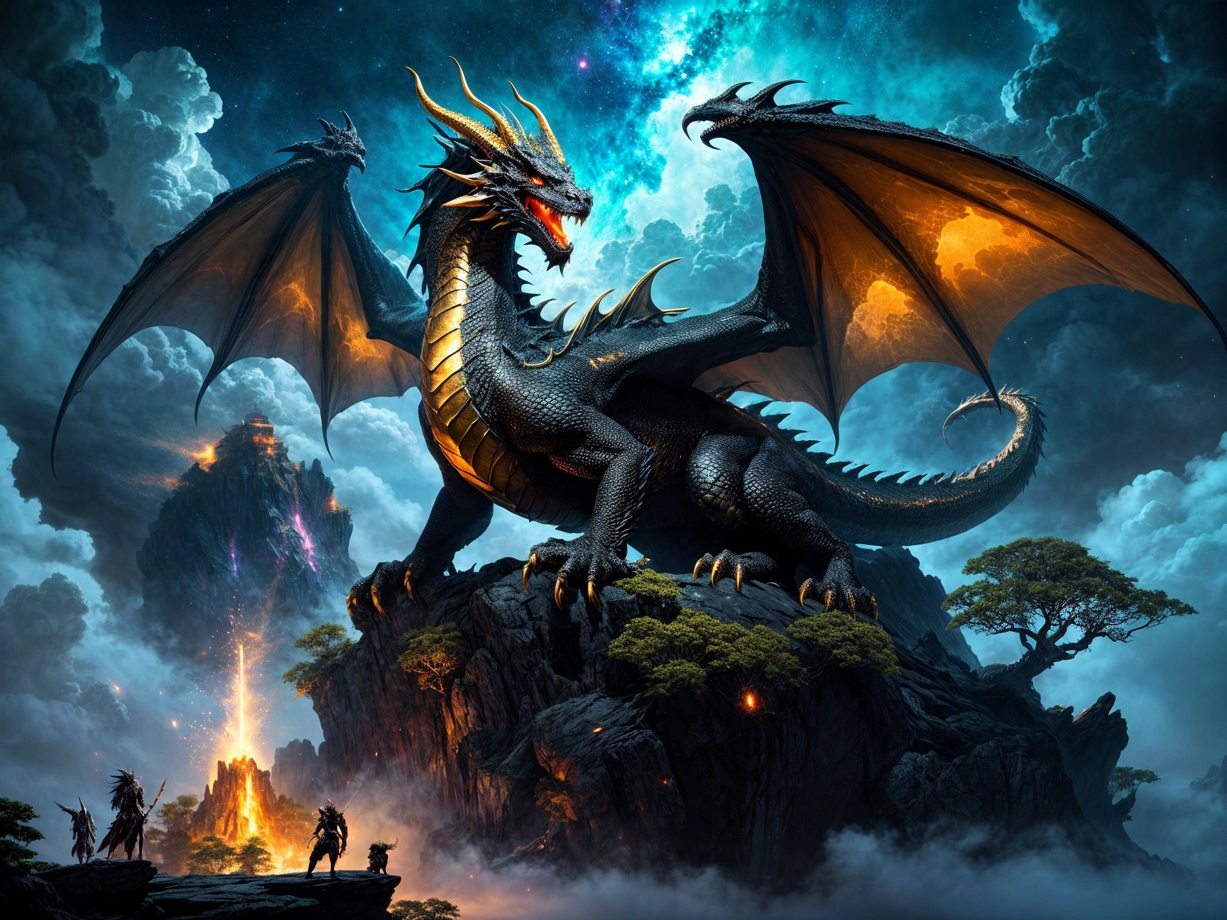 Majestic Black Dragon in Mystical Night Landscape