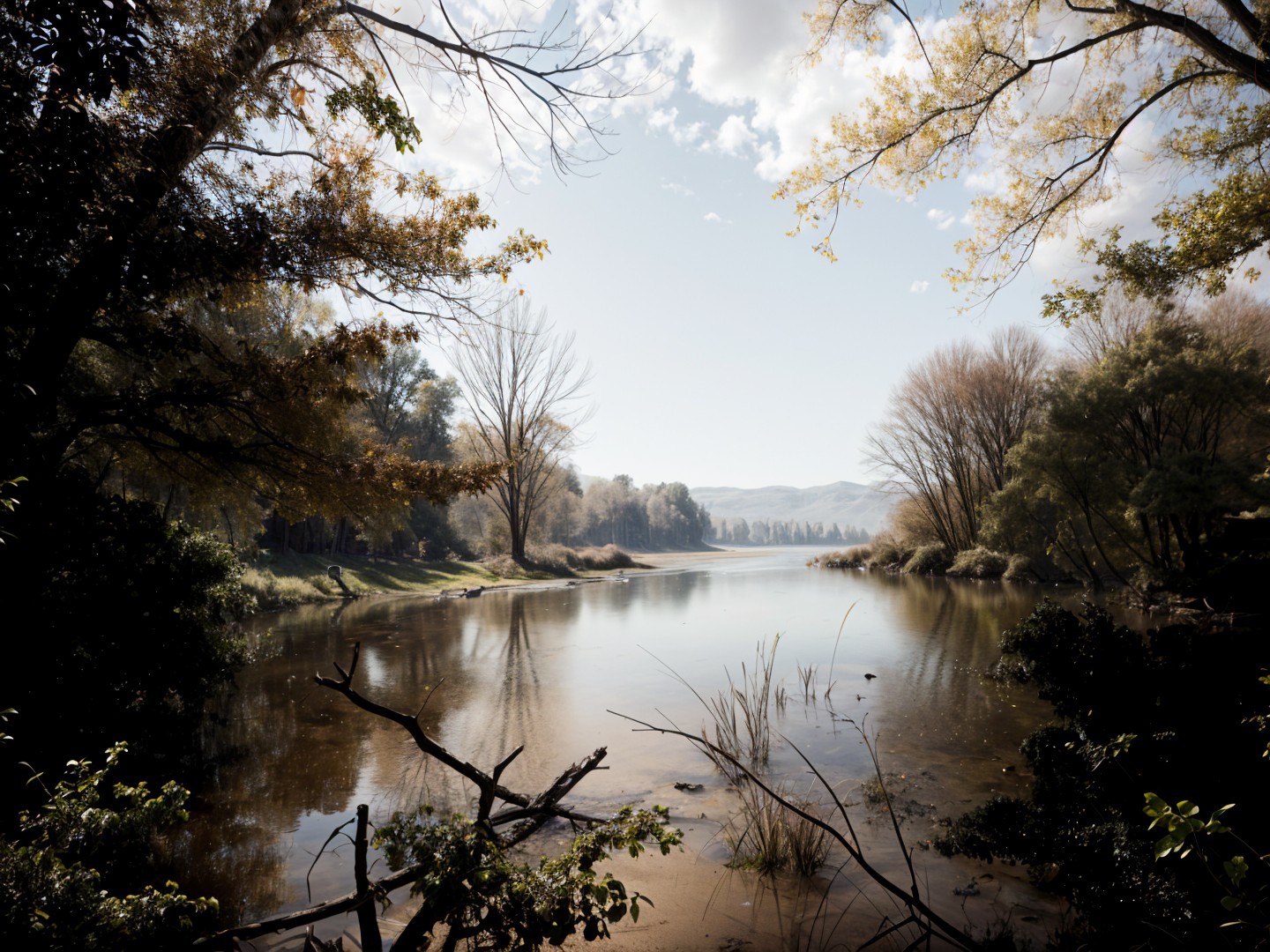Serene River Scene with Autumn Foliage and Reflections