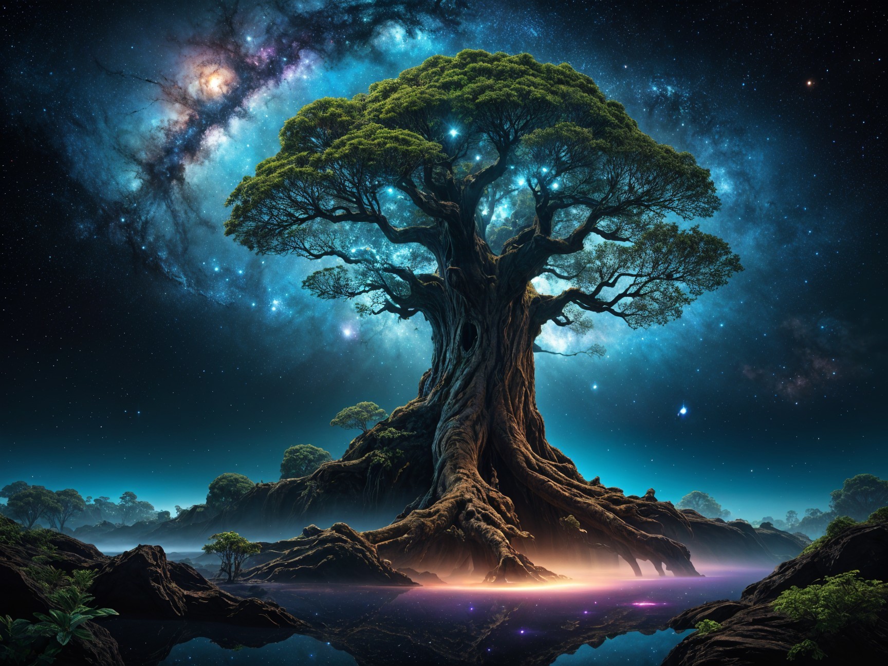 Ancient Tree Under Cosmic Sky with Reflective Water