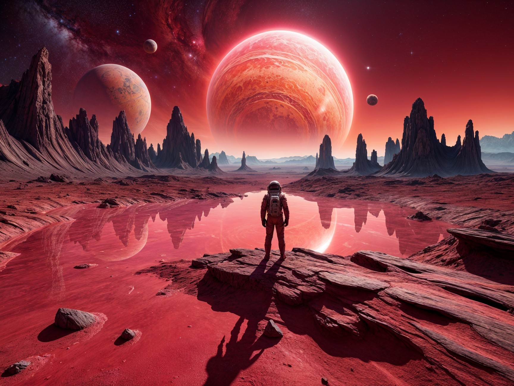 Astronaut Observes Alien Landscape with Gas Giant Sky
