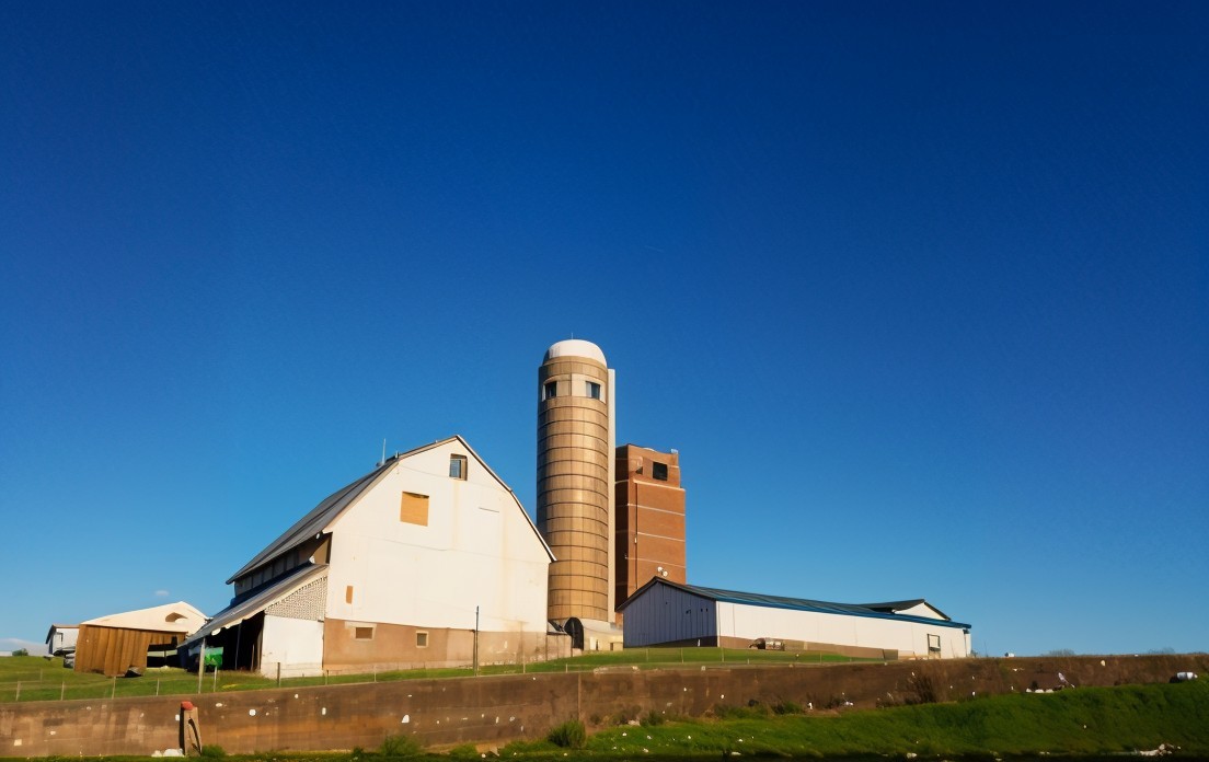 Picturesque Farm Scene with Barn and Silos Under Sky