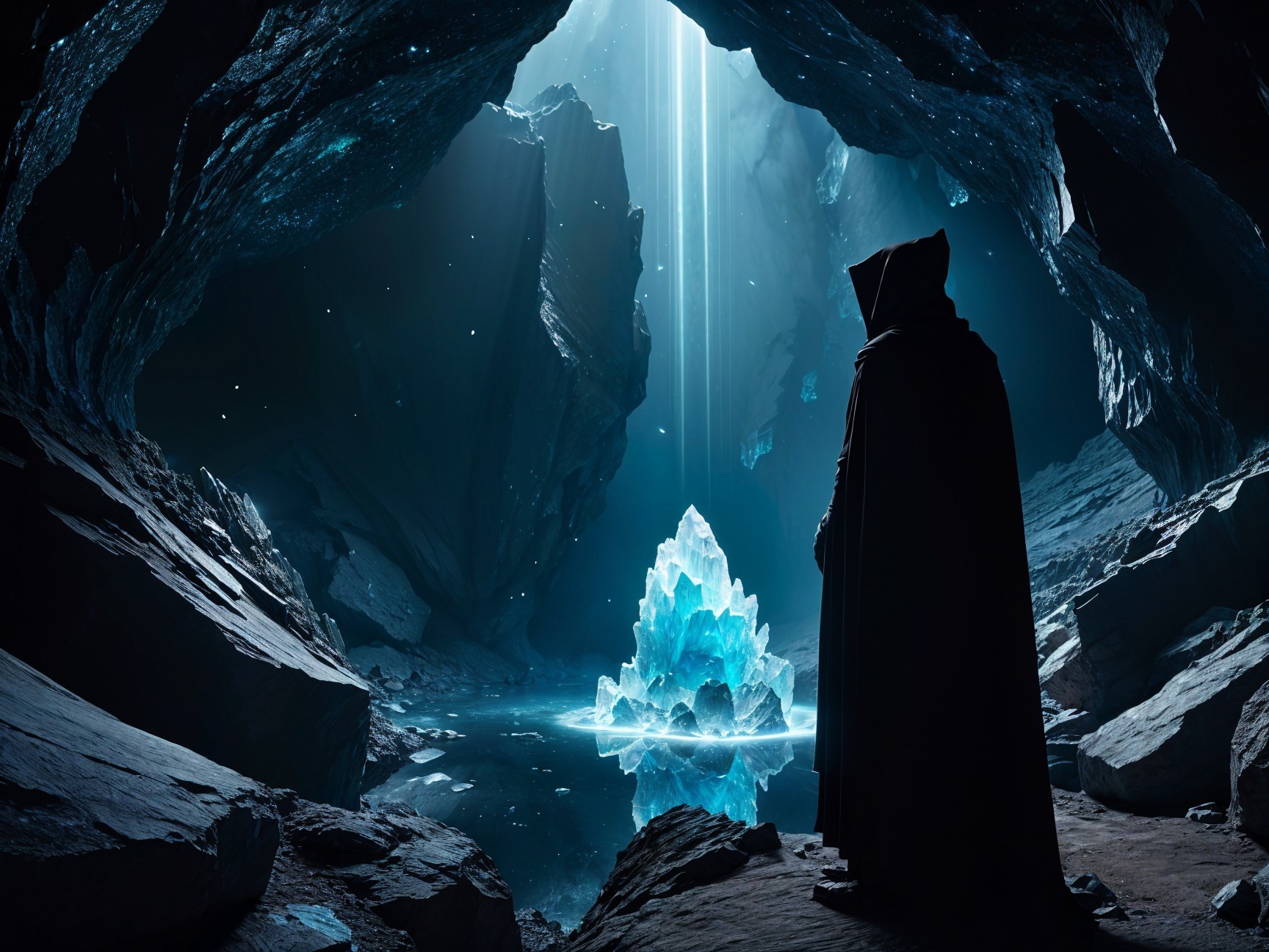 Cloaked Figure by Crystal Formation in Mystical Cave