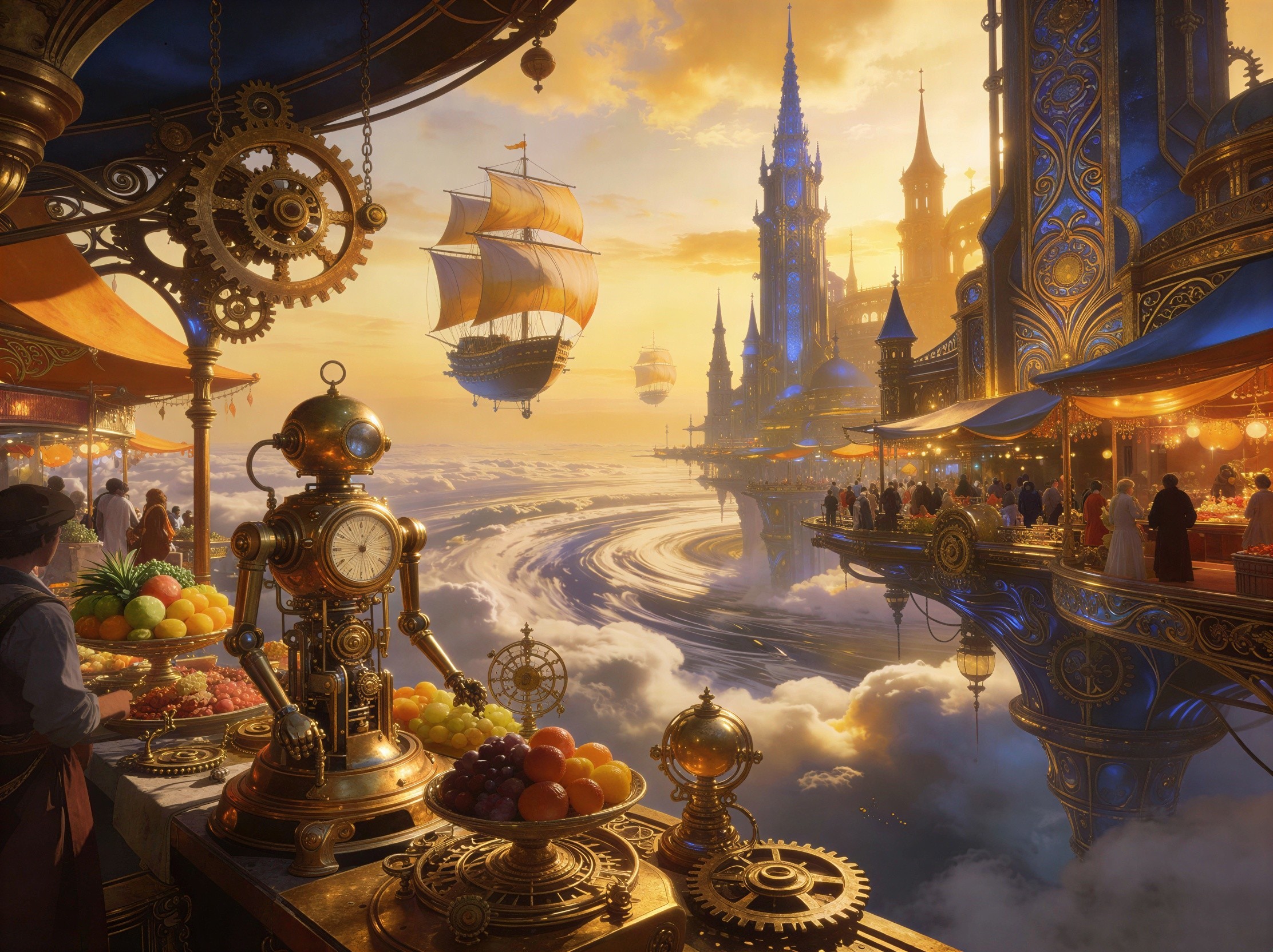 Steampunk Floating City Marketplace at Sunset