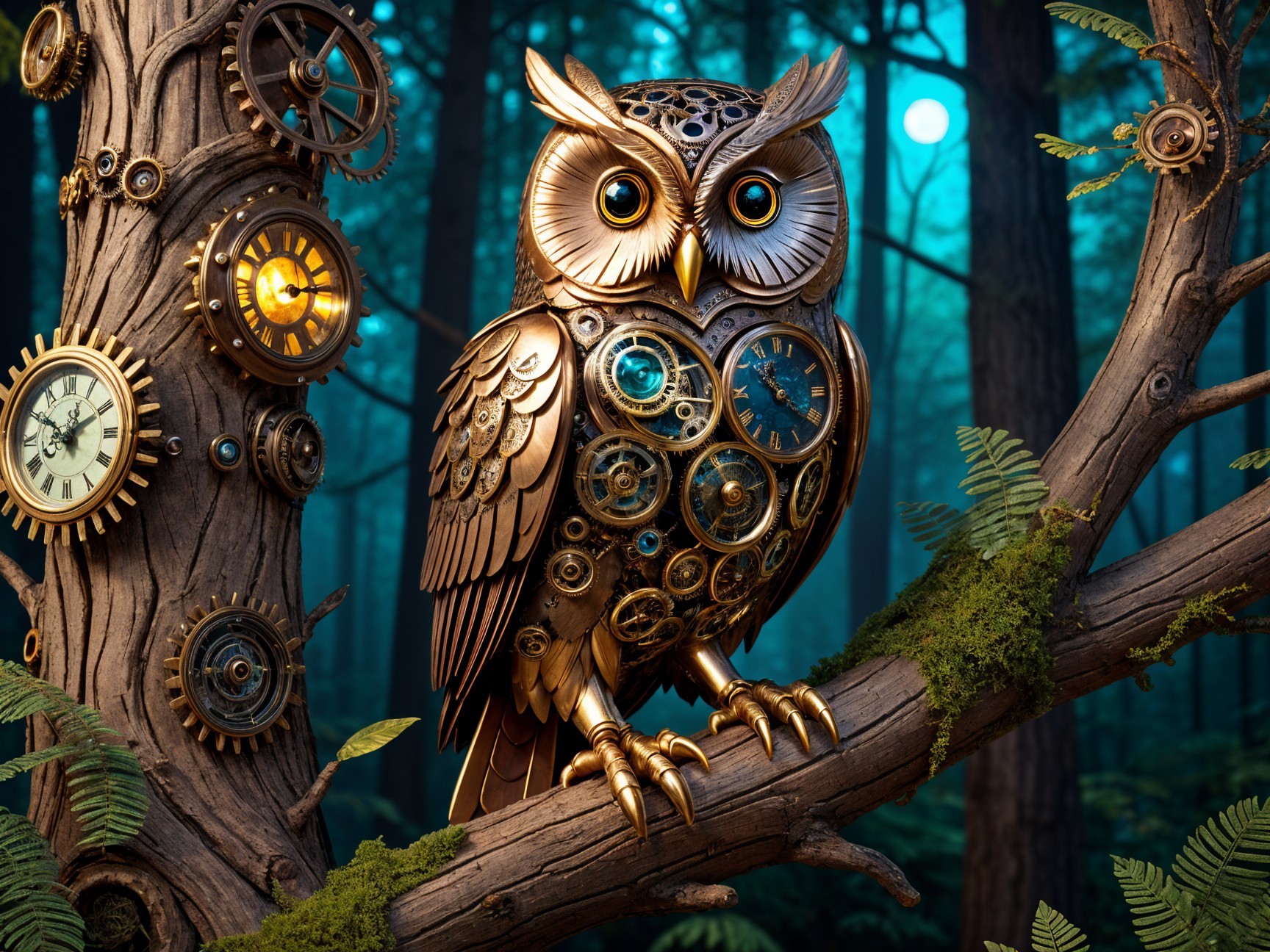Steampunk Owl in a Mystical Forest Setting