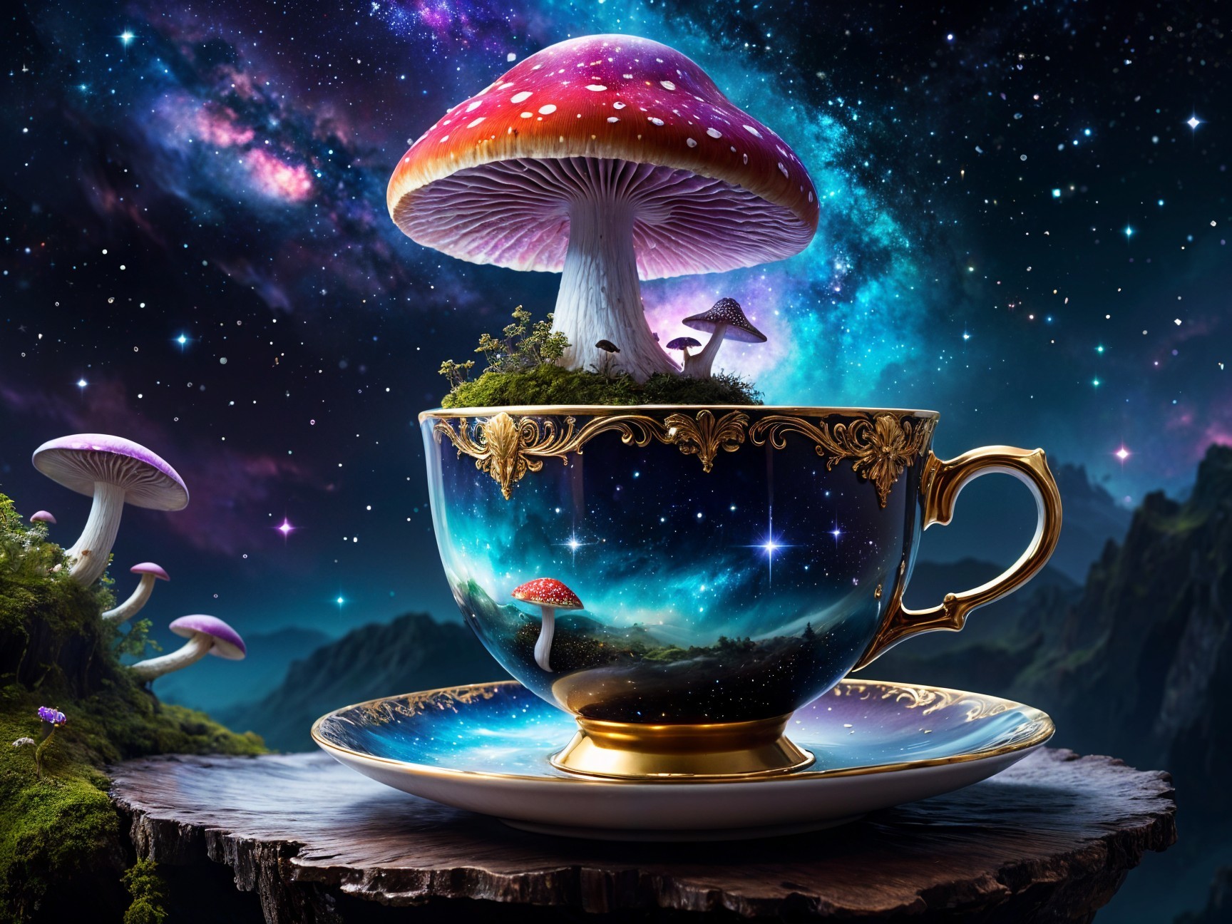 Whimsical Teacup with Cosmic Scene and Fungi