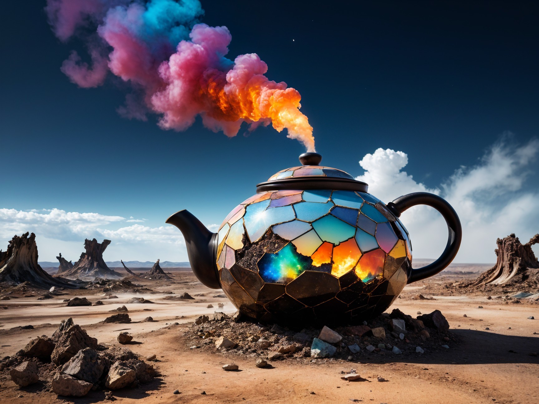 Iridescent Teapot in Surreal Desert Landscape