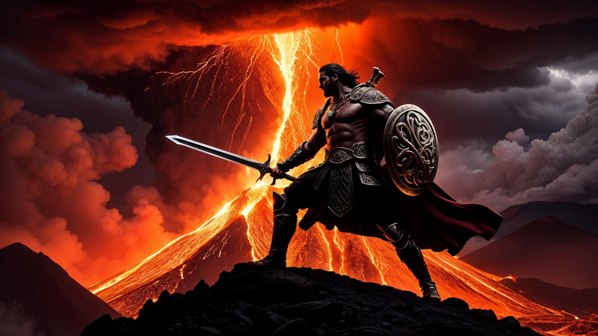 Warrior in Armor Against Fiery Volcanic Landscape