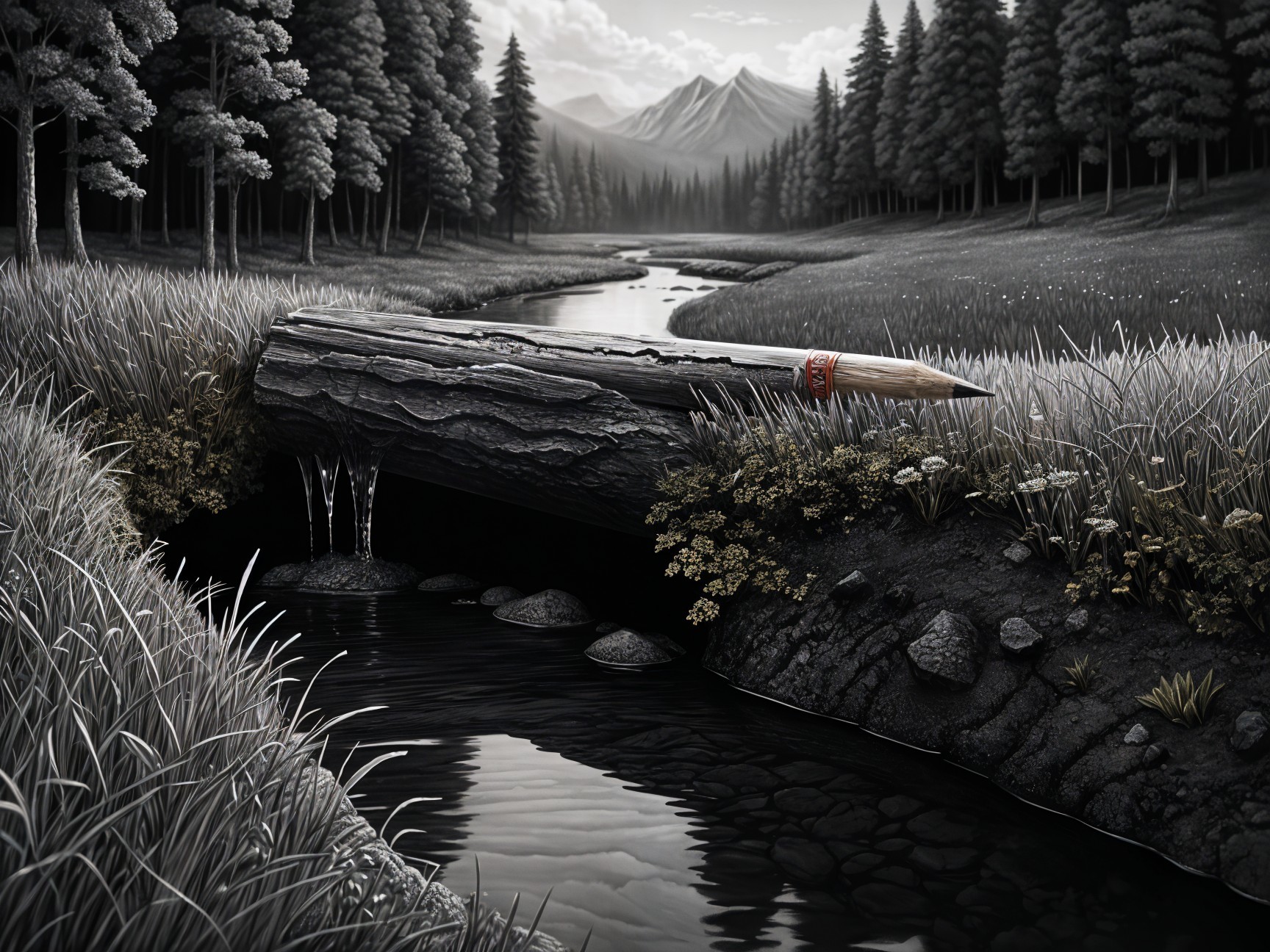 Grayscale Landscape with River and Log in Nature