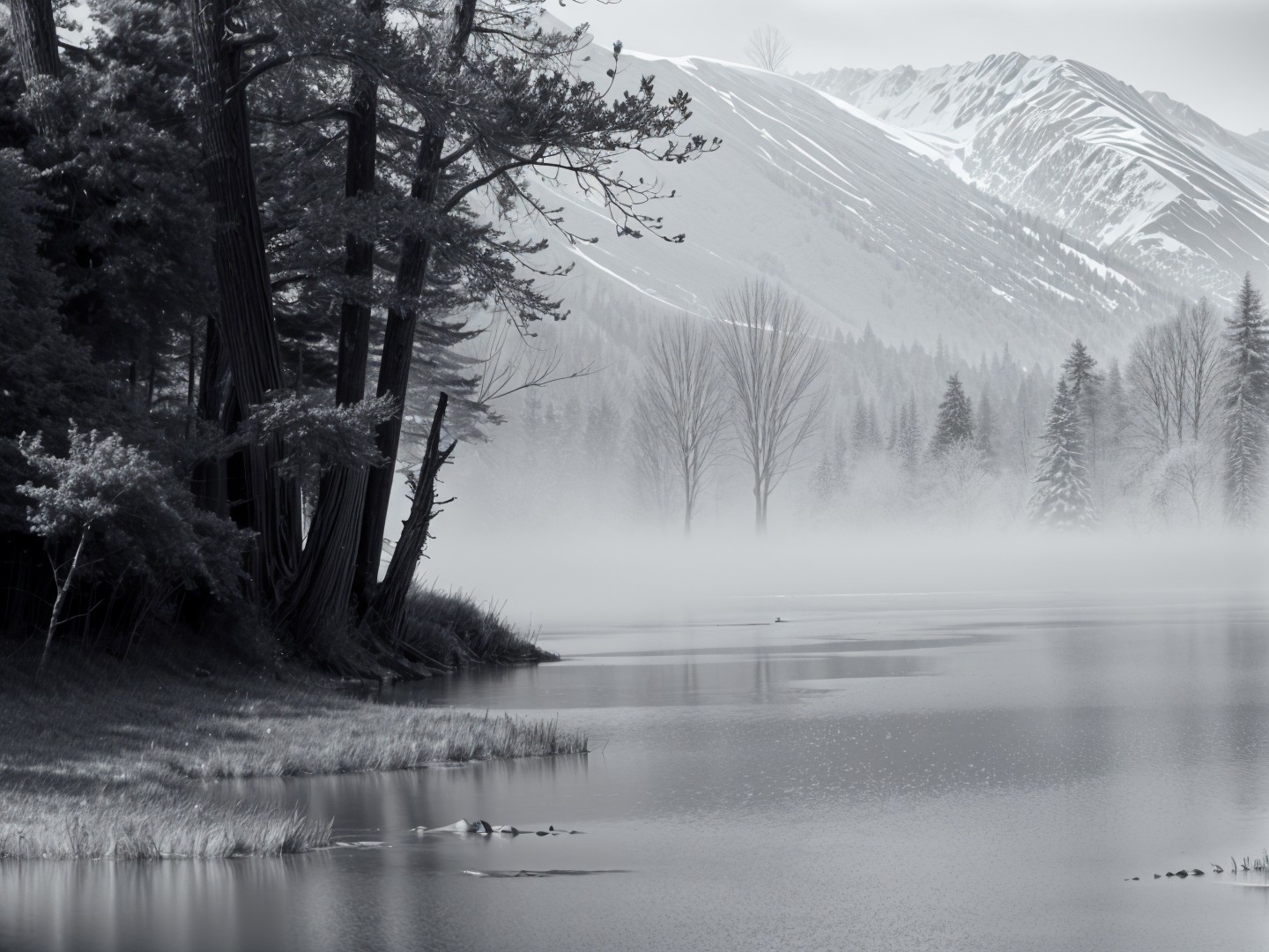 Tranquil Black-and-White Landscape with Lake and Mountains