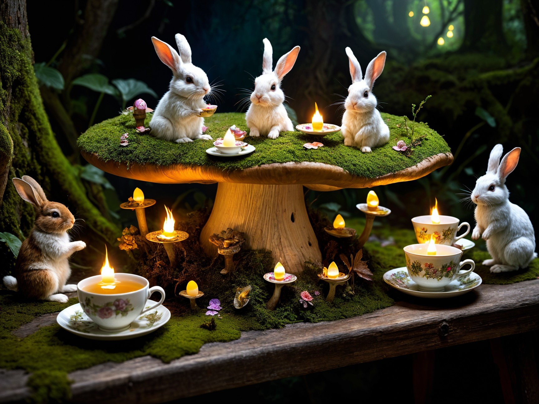 Whimsical Tea Party with Rabbits and Mushrooms