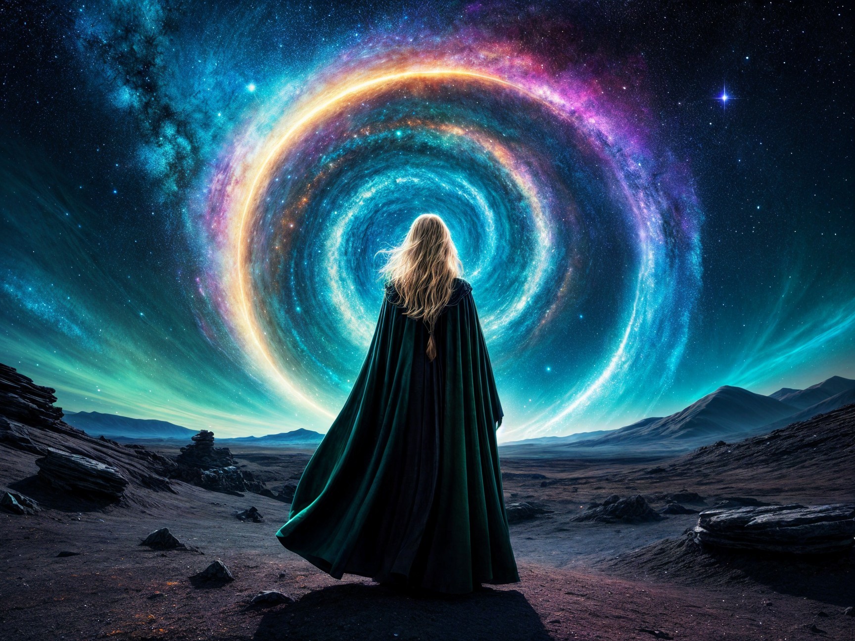 Figure in Green Cloak Observing Colorful Spiral Galaxy