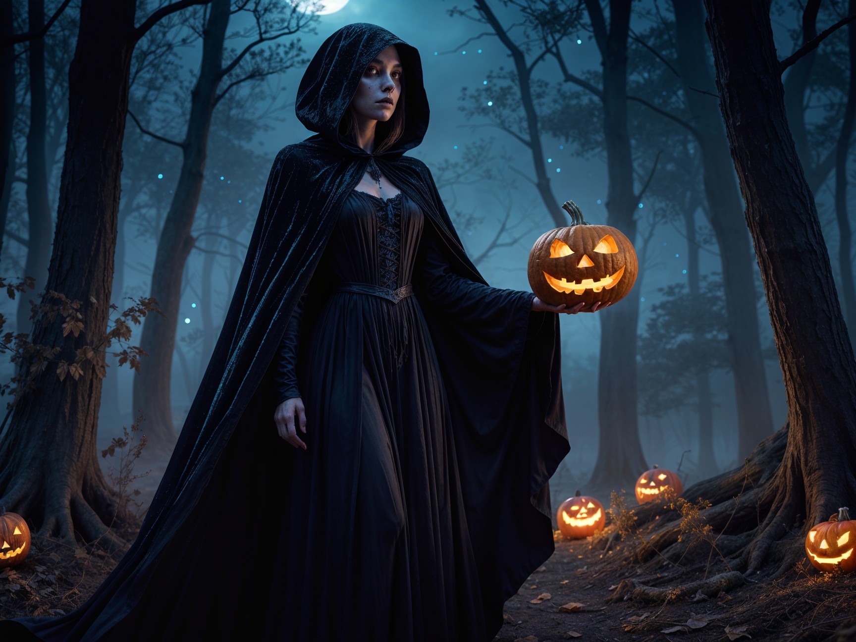Solitary Figure in Cloak with Pumpkin in Moonlit Forest