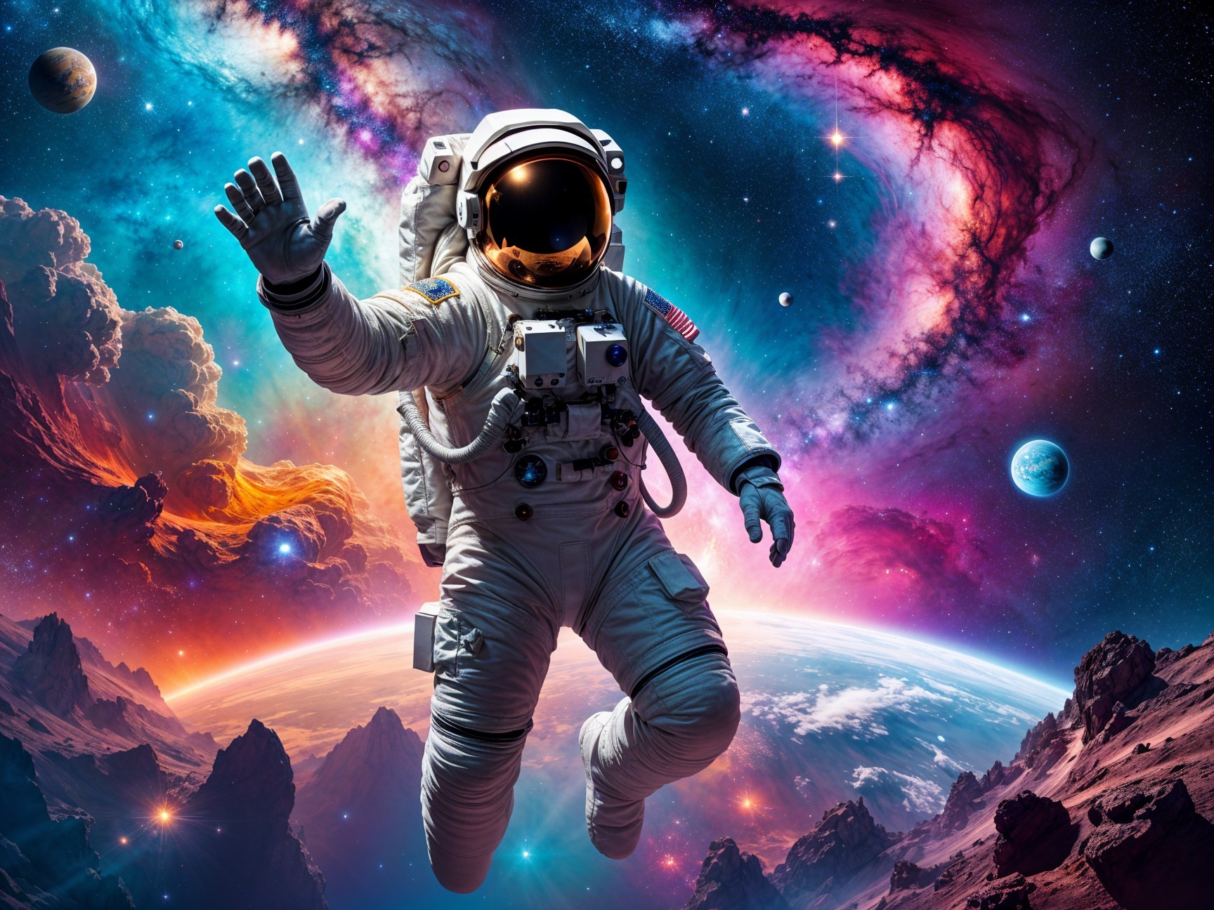 Astronaut in Space Amidst Colorful Nebulae and Galaxies