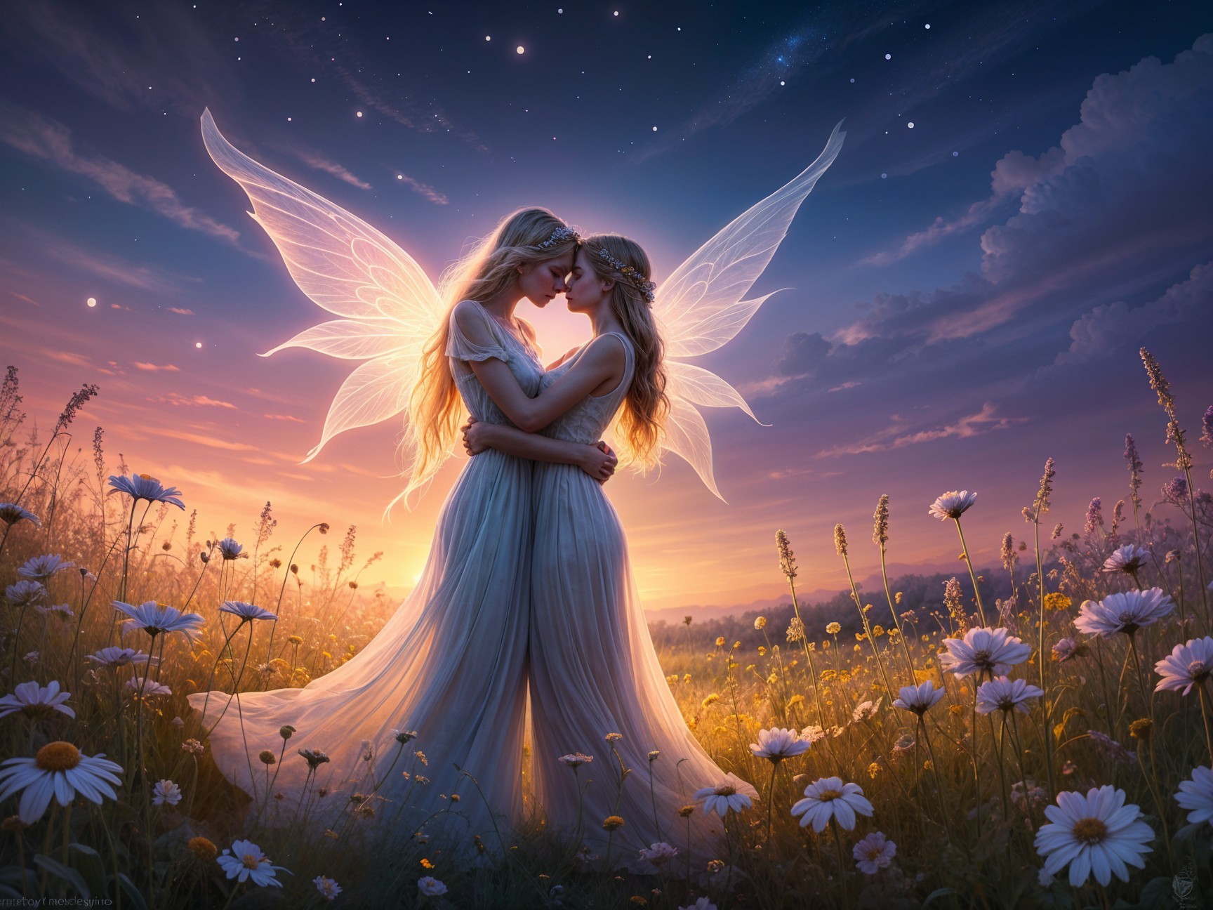 Ethereal Figures Embrace in Twilight with Daisies