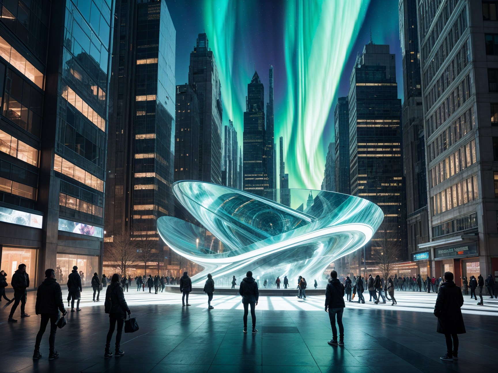 Futuristic Cityscape with Skyscrapers and Aurora Borealis