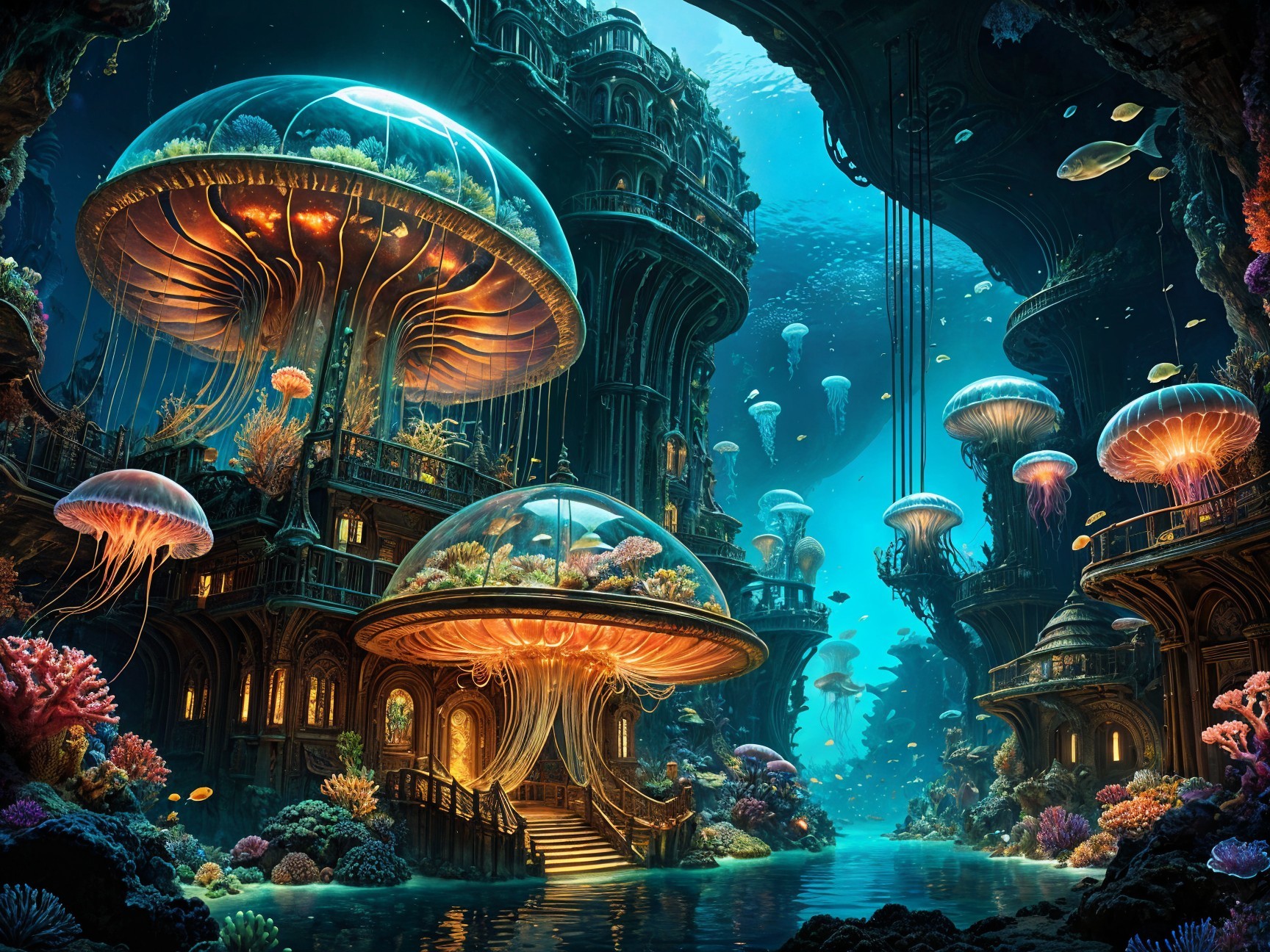 Underwater City with Bioluminescent Jellyfish and Coral
