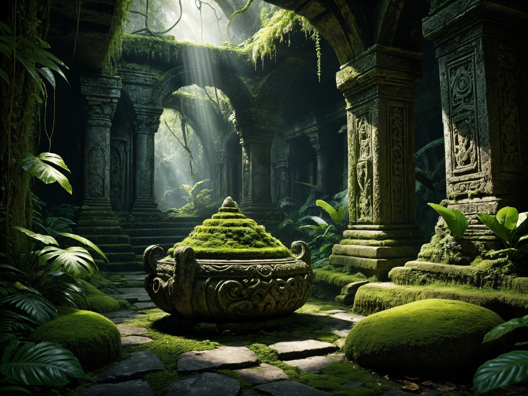 Ancient Overgrown Stone Structure in Serene Nature