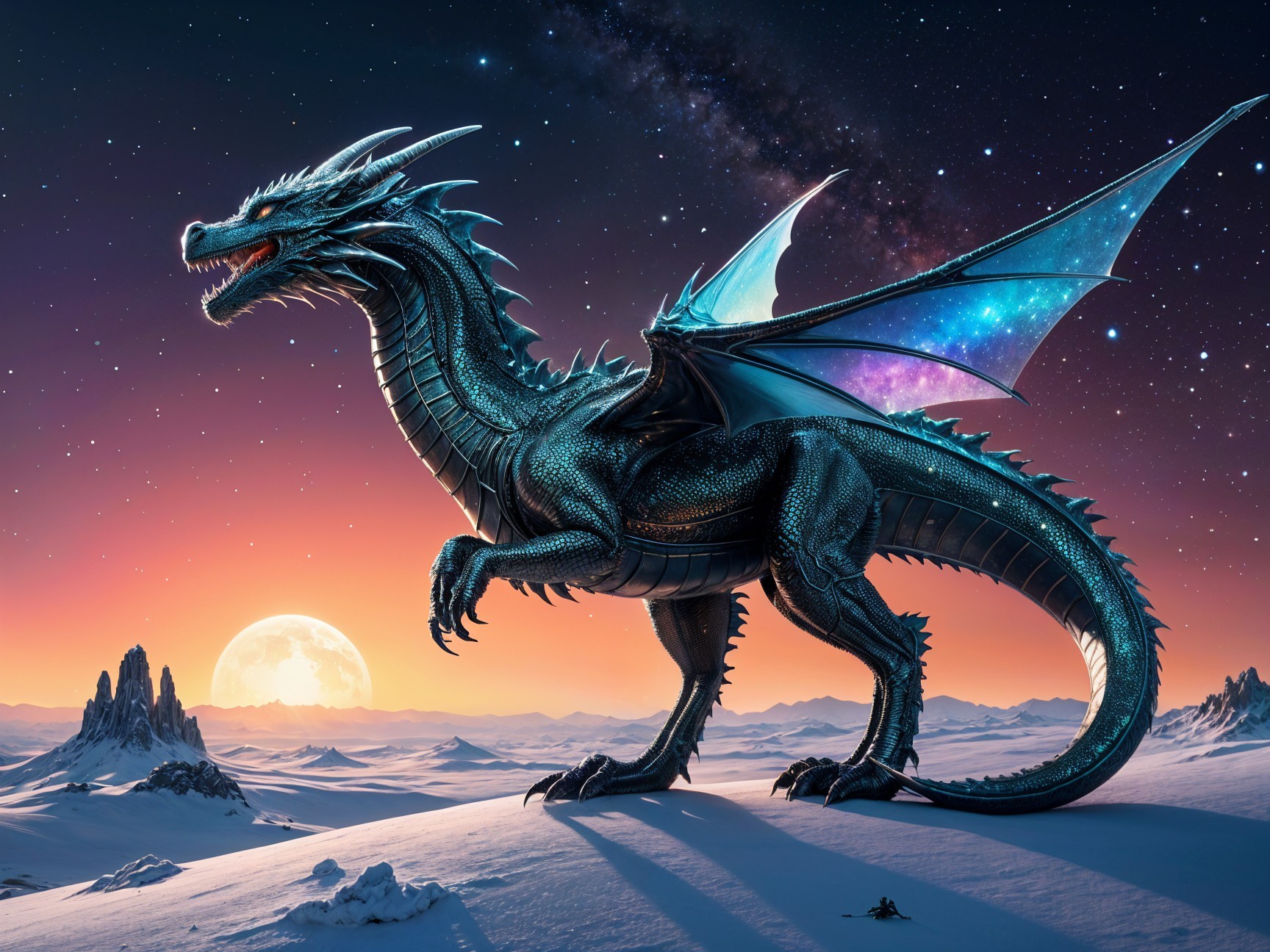 Majestic dragon in a snowy landscape under stars