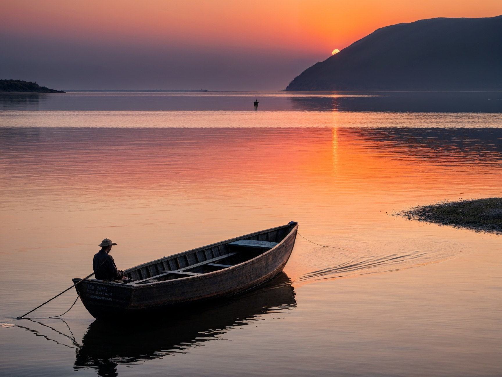 Lone Fisherman on Calm Waters at Sunset