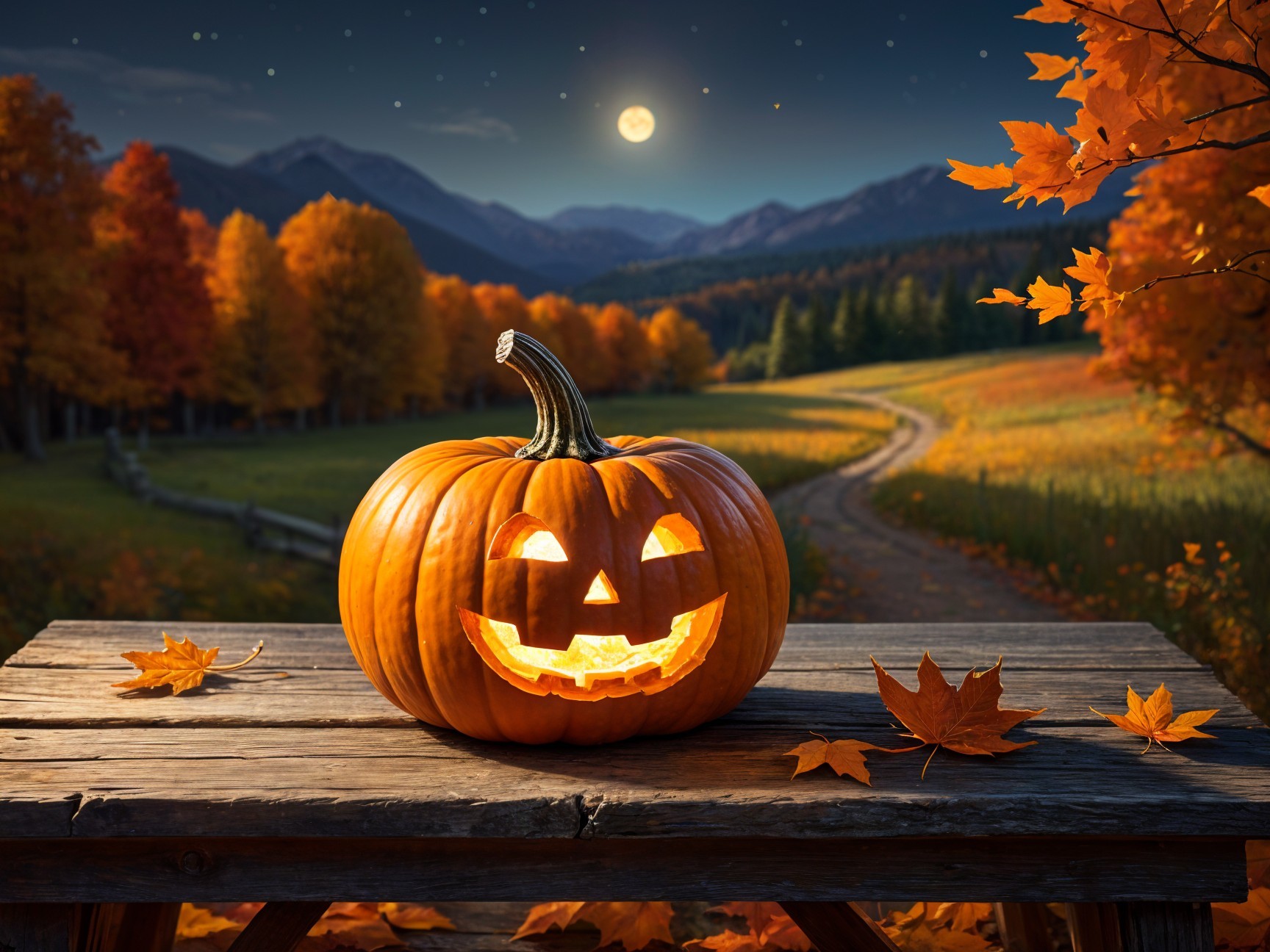 Glowing Jack-o'-Lantern on Rustic Table with Autumn Leaves