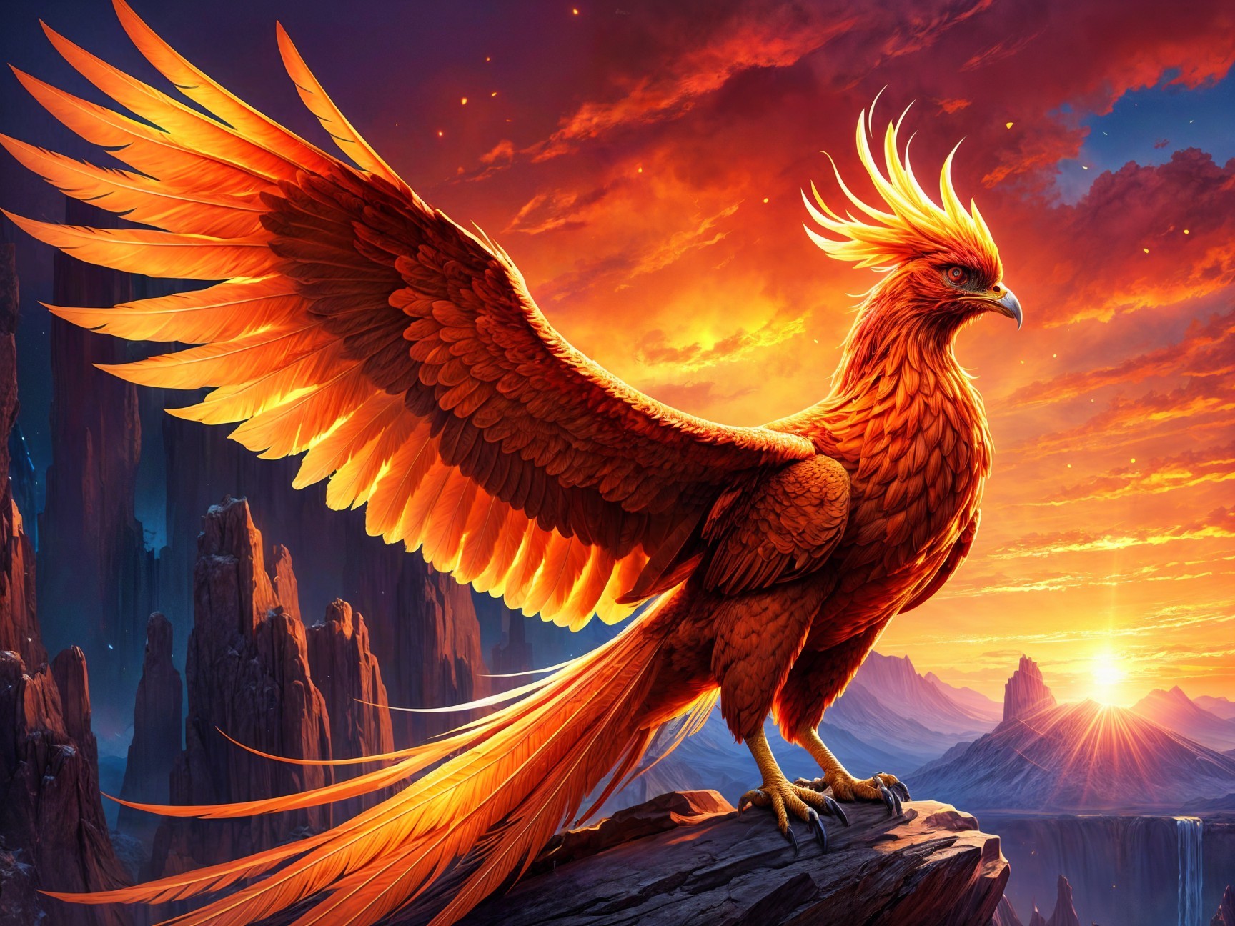 Majestic Phoenix on Rocky Ledge at Sunset