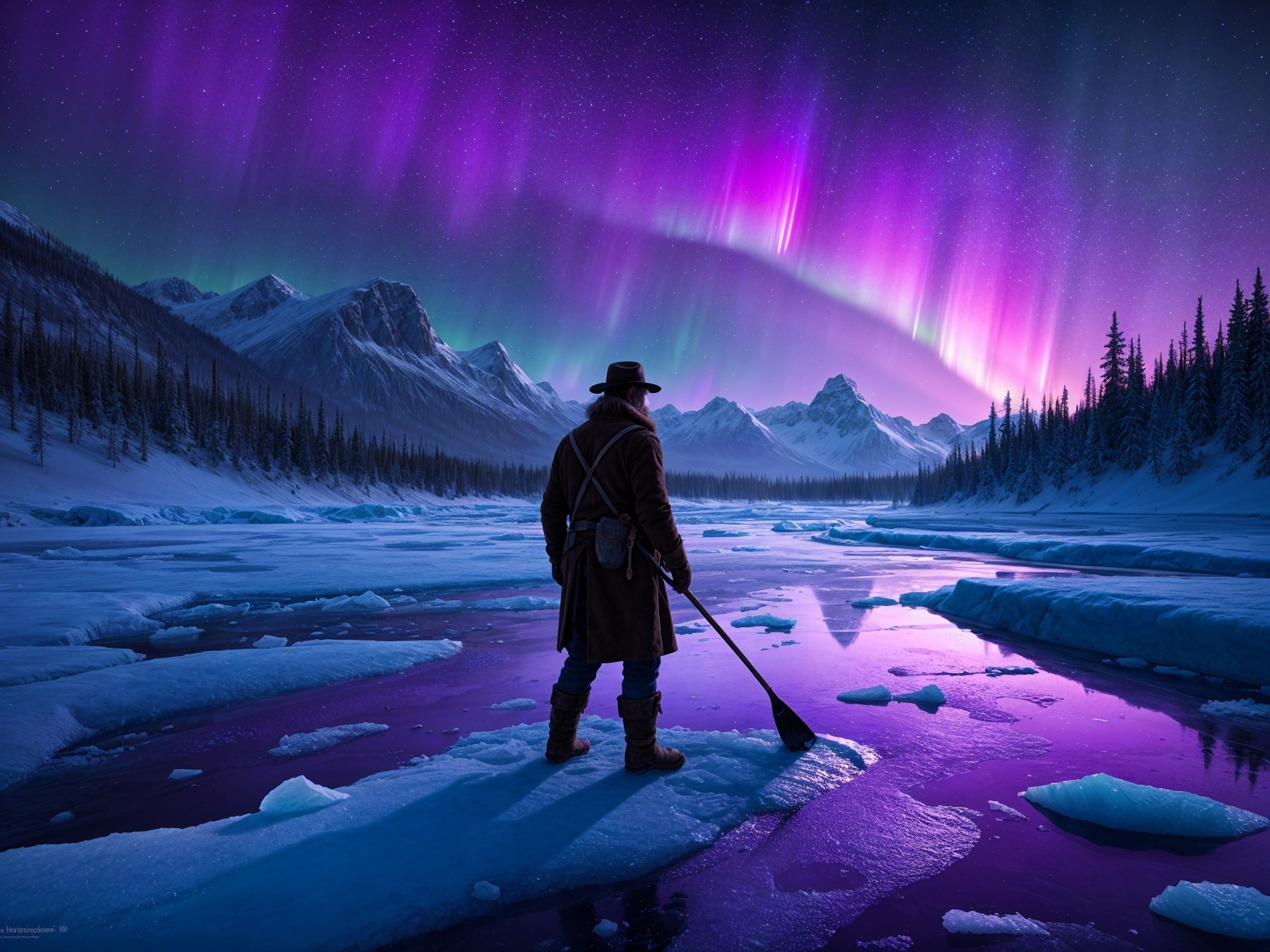 Lone Figure on Icy Terrain Under Aurora Borealis
