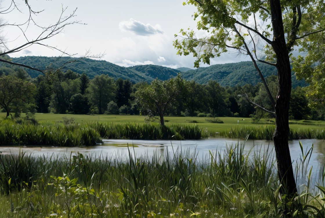 Serene Landscape with Calm Pond and Lush Greenery