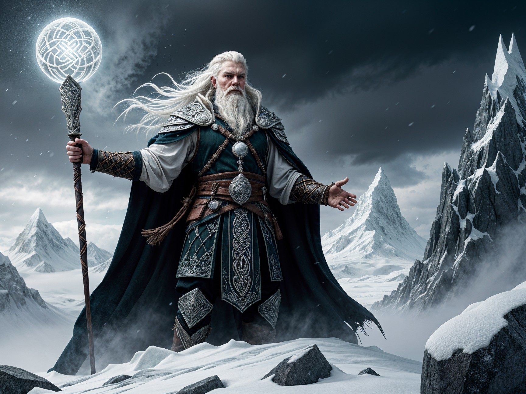 Majestic Wizard in a Snowy Mountain Landscape
