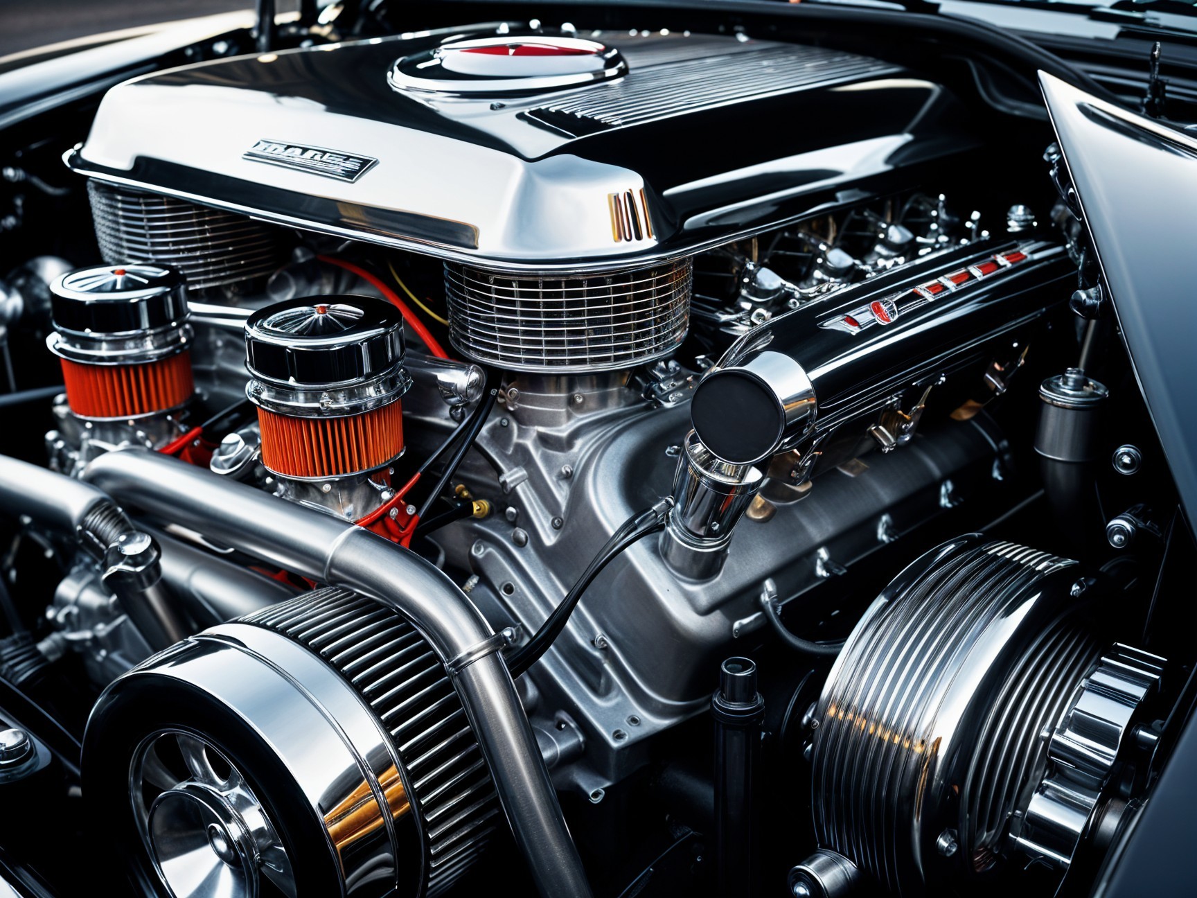 Intricately Designed Chrome Engine with Vibrant Accents