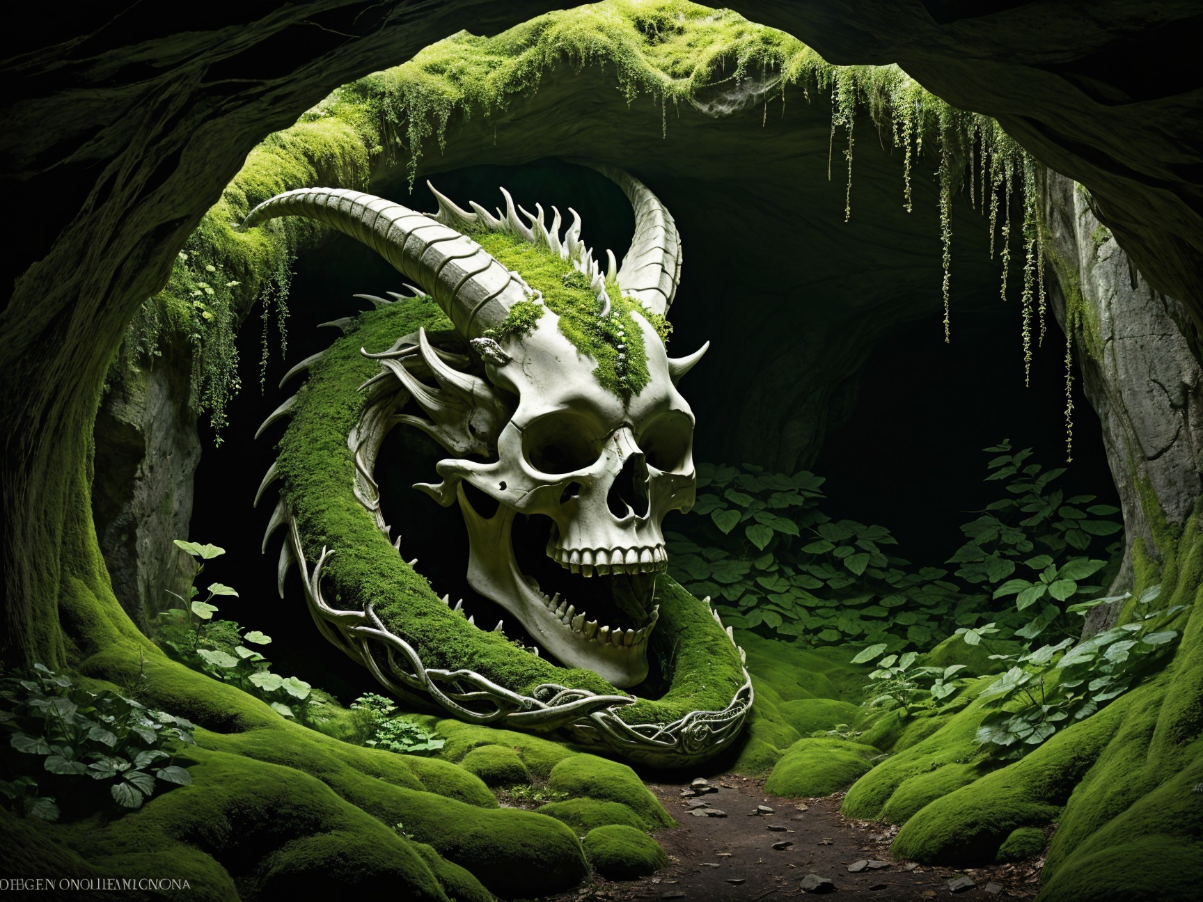 Skull Surrounded by Moss and Vines in a Cave